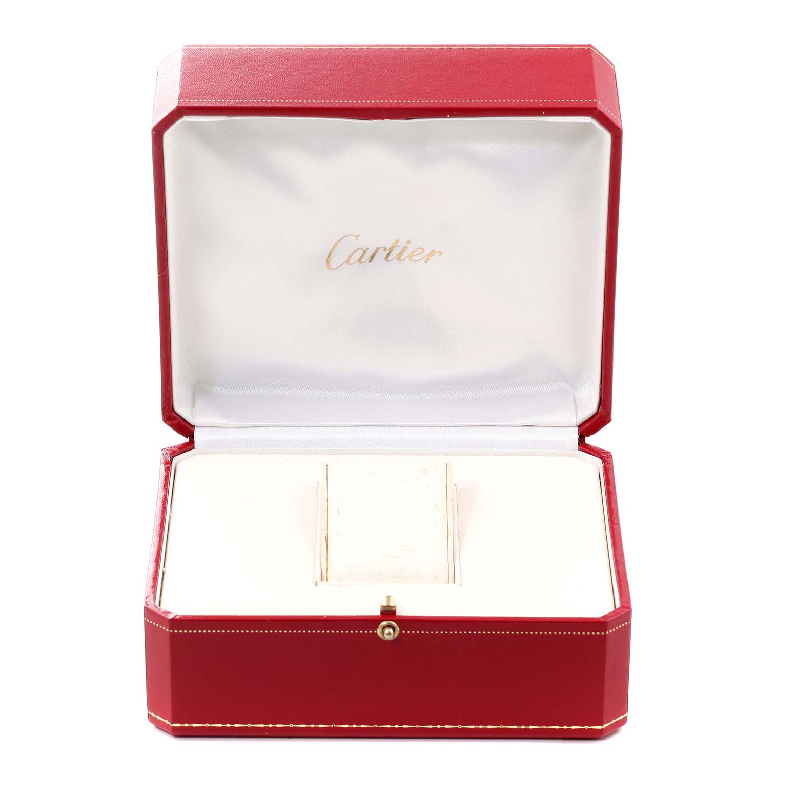 The image shows a Cartier Pasha W31058M7 Men's Stainless Steel Pink Dial W31058M7 Men's Stainless Steel Pink Dial model watch box, open to display the interior with a slot for the watch.