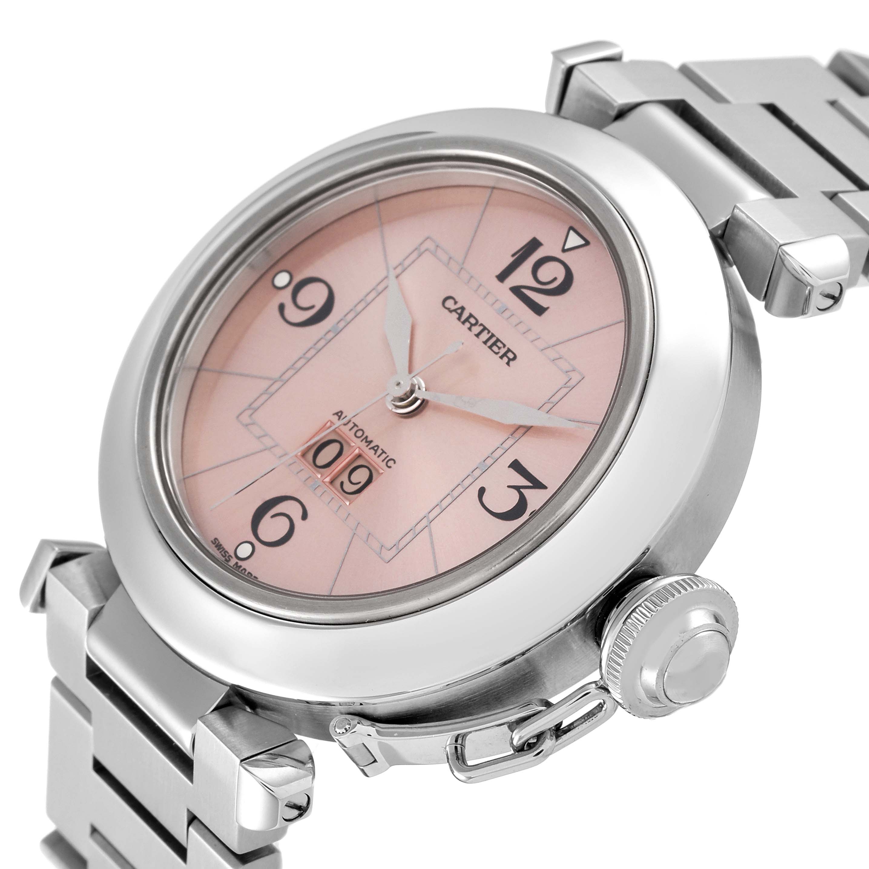 The image shows a close-up angled view of the Cartier Pasha W31058M7 Men's Stainless Steel Pink Dial W31058M7 Men's Stainless Steel Pink Dial watch face and part of its metal band.