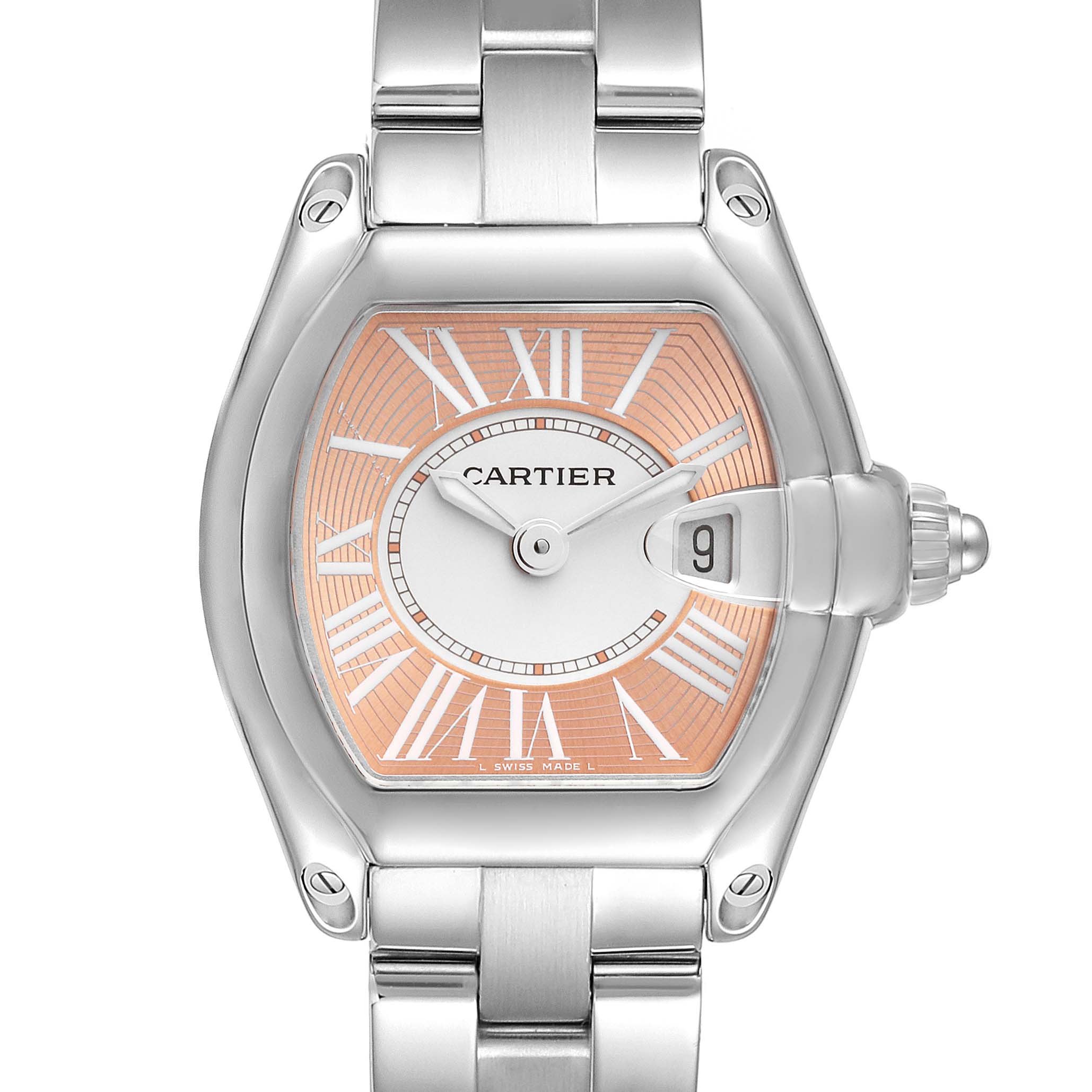 This image shows the face and top portion of the metal bracelet of the Cartier Roadster W62054V3 Women's Stainless Steel Pink Dial W62054V3 Women's Stainless Steel Pink Dial watch.