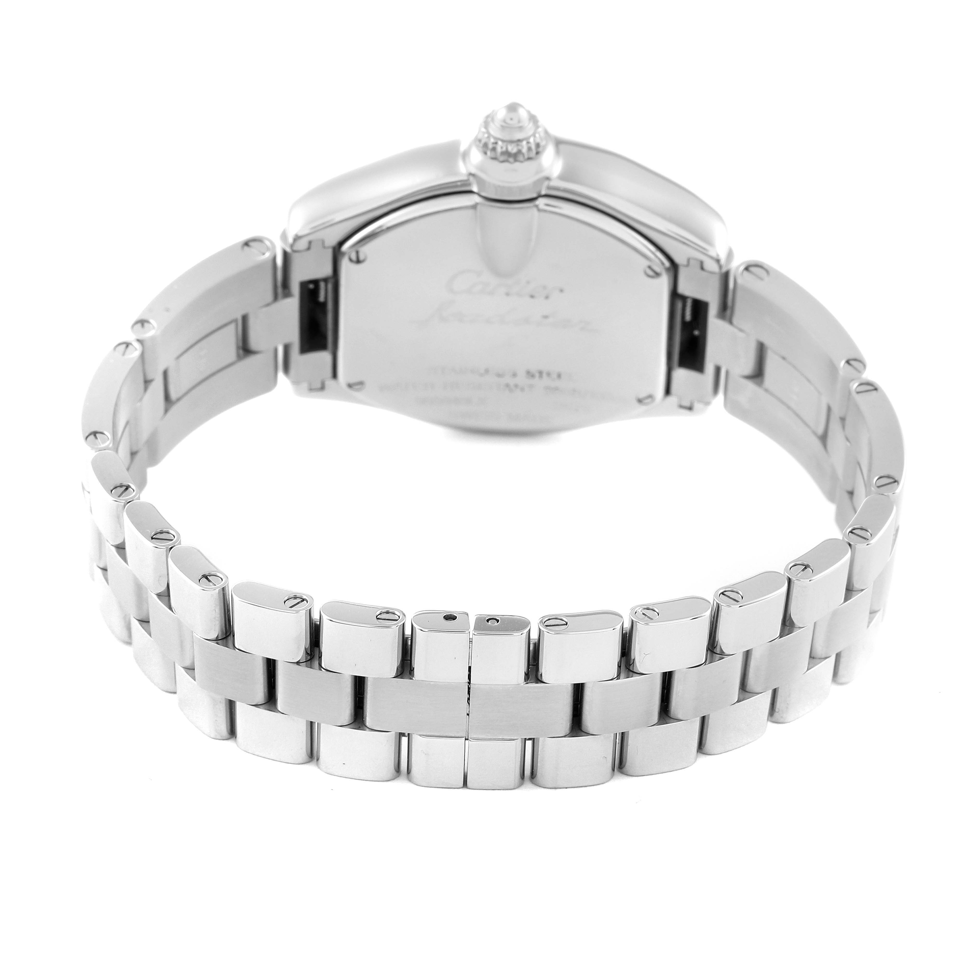 This image shows the back and bracelet of the Cartier Roadster W62054V3 Women's Stainless Steel Pink Dial W62054V3 Women's Stainless Steel Pink Dial watch, viewed from the rear.