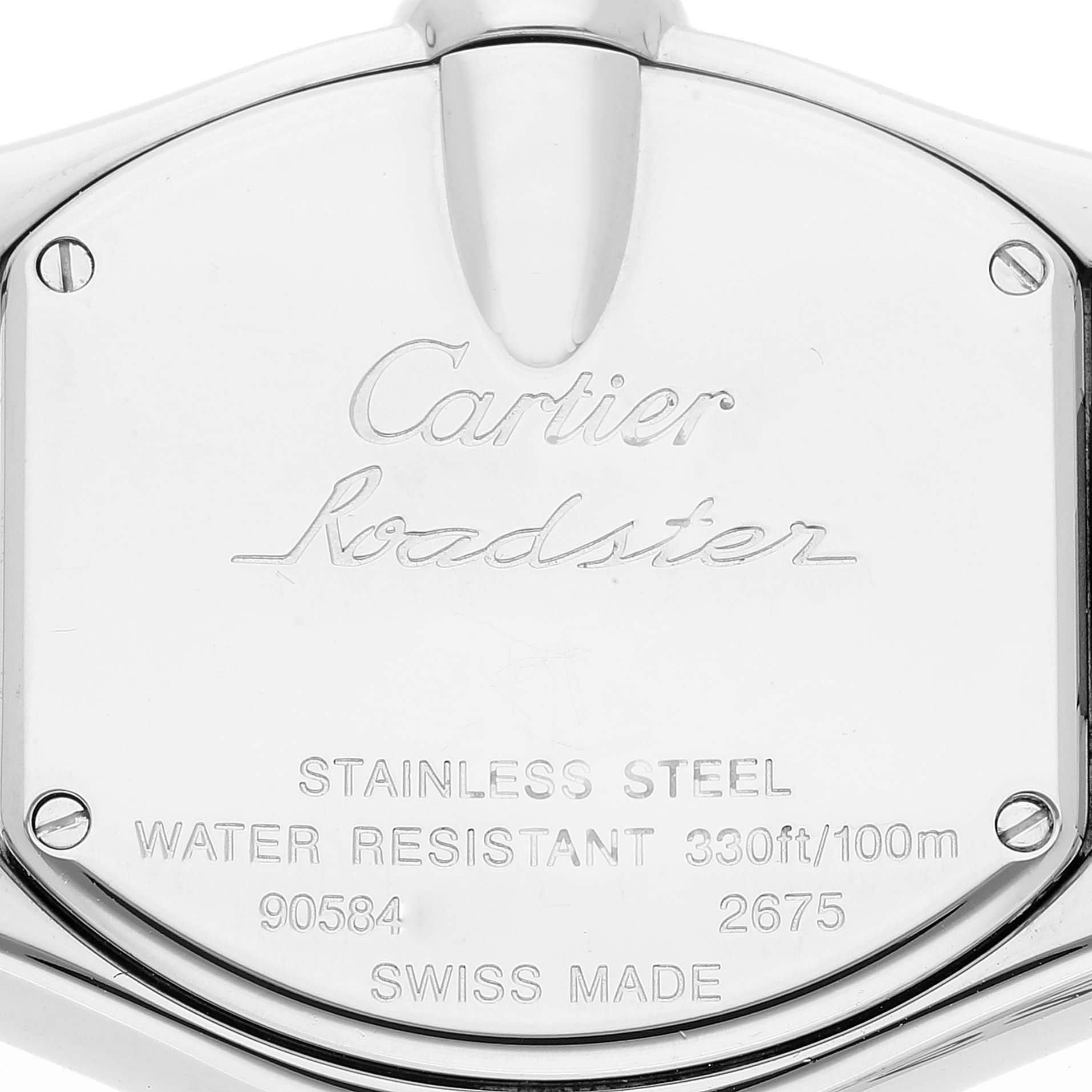 This image shows the stainless steel case back of a Cartier Roadster W62054V3 Women's Stainless Steel Pink Dial W62054V3 Women's Stainless Steel Pink Dial watch, displaying the brand name and model details.
