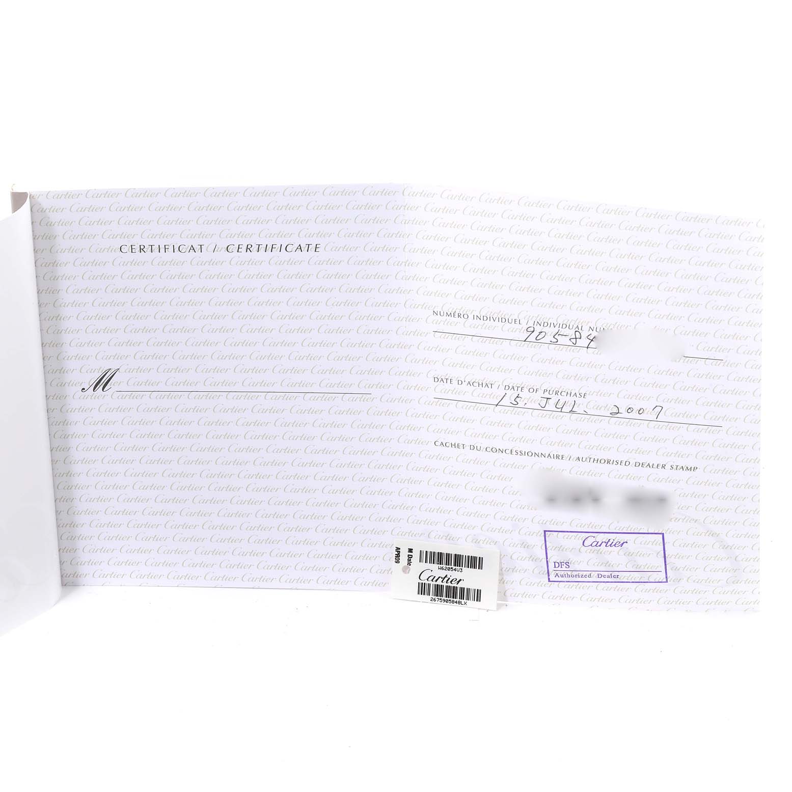 The image shows the certificate and warranty card for the Roadster model by Cartier.