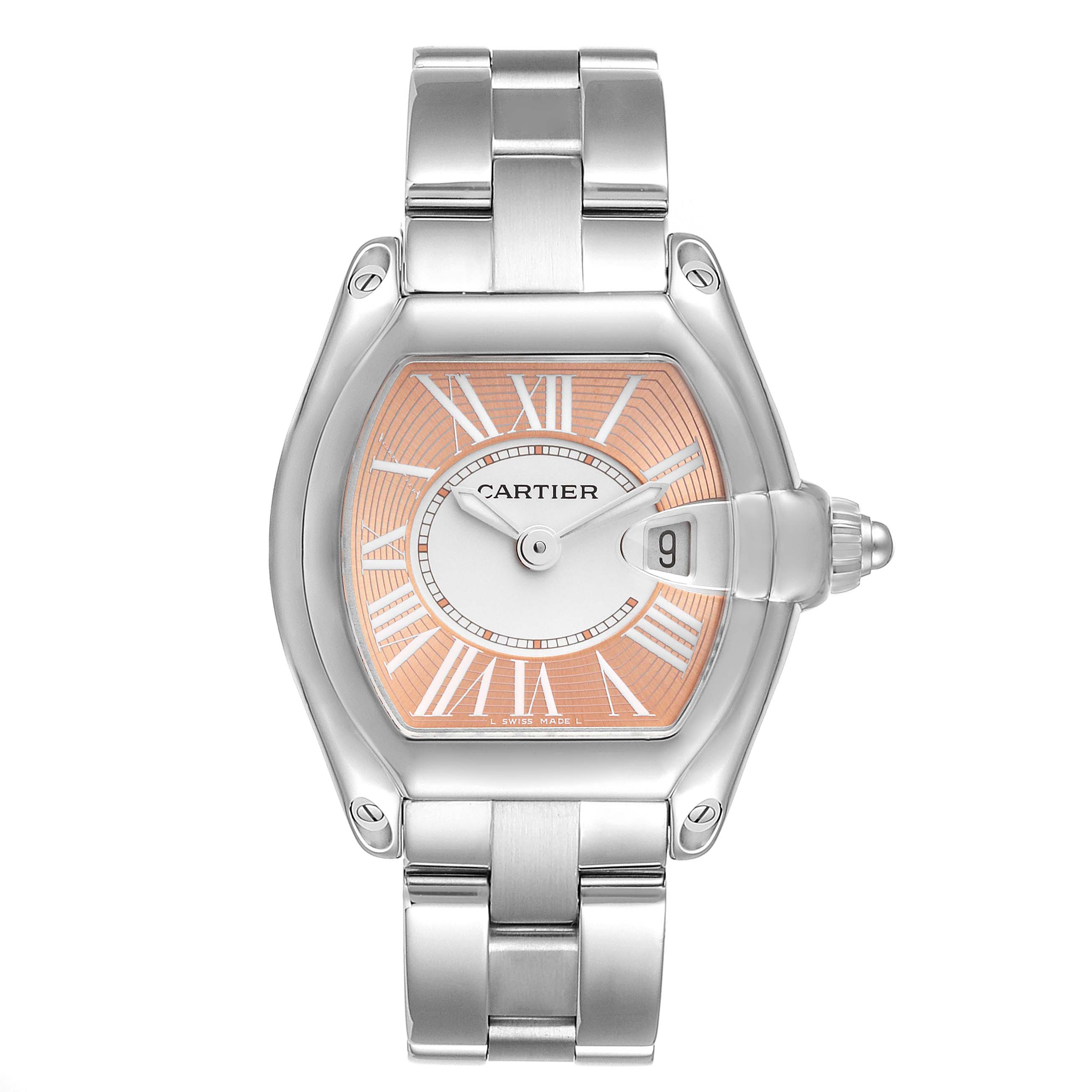 This image shows a frontal view of the Cartier Roadster W62054V3 Women's Stainless Steel Pink Dial W62054V3 Women's Stainless Steel Pink Dial watch, displaying its dial, case, and bracelet.