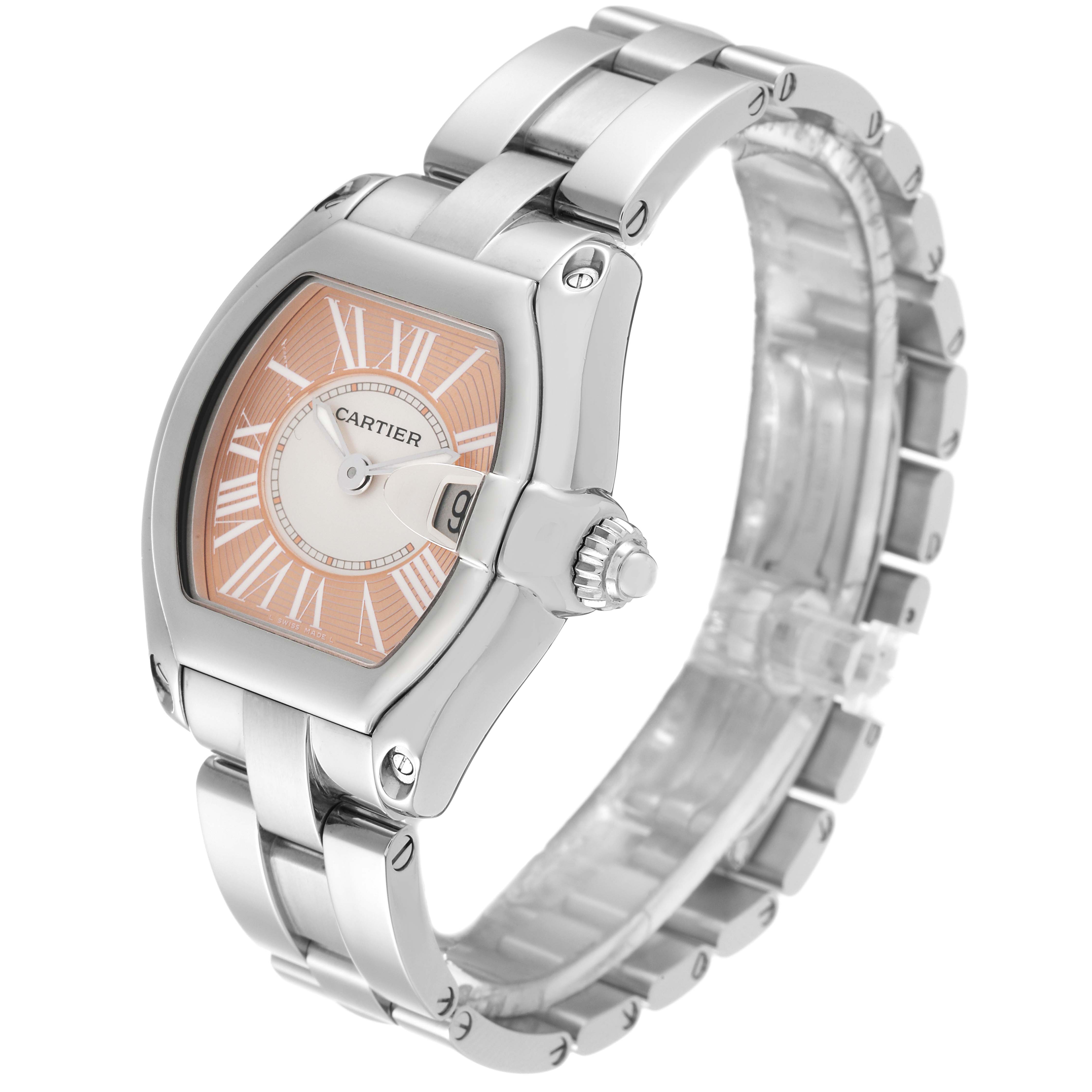 The image shows a Cartier Roadster W62054V3 Women's Stainless Steel Pink Dial W62054V3 Women's Stainless Steel Pink Dial watch, showcasing its face, bezel, crown, and stainless steel bracelet at a slight angle.