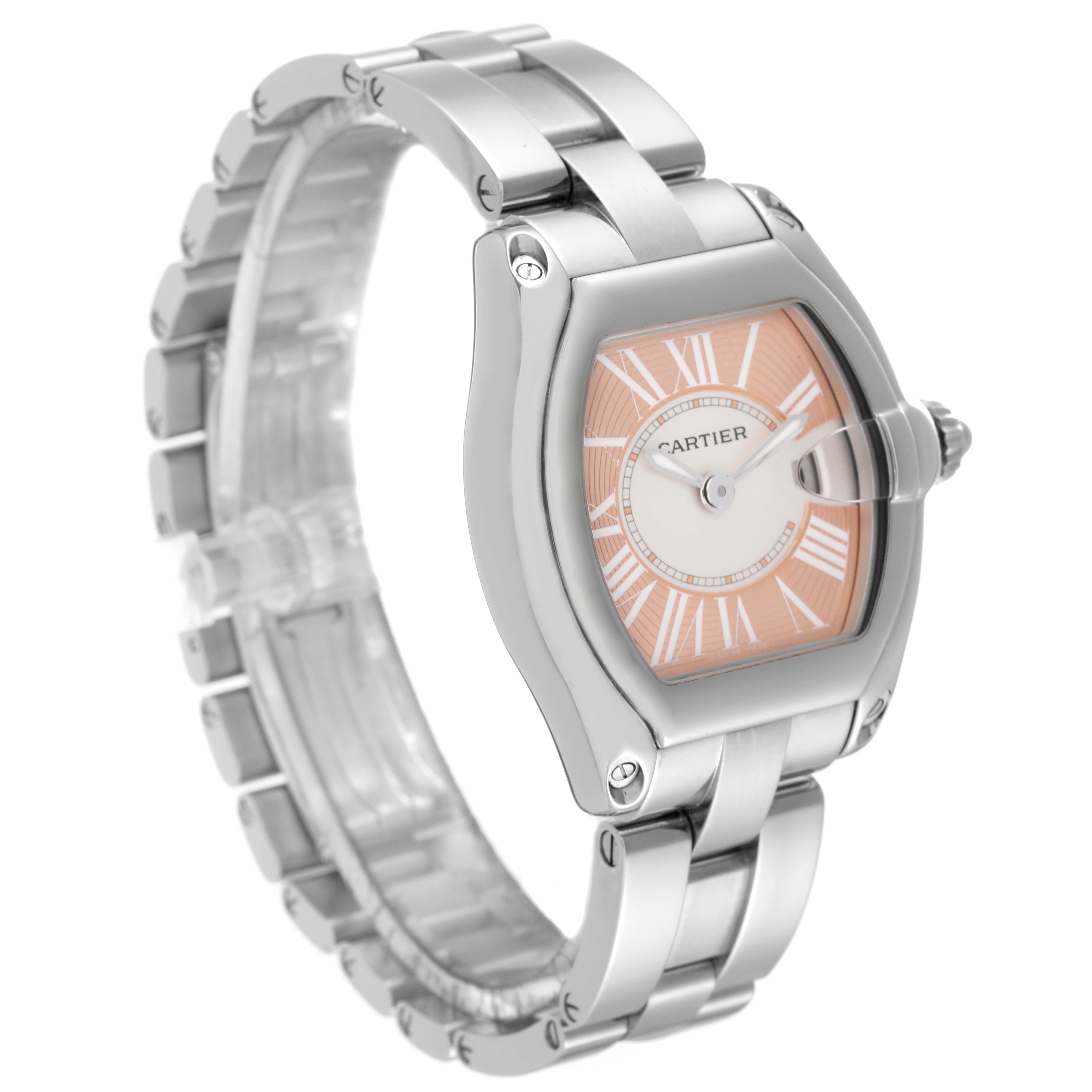 This Cartier Roadster W62054V3 Women's Stainless Steel Pink Dial W62054V3 Women's Stainless Steel Pink Dial watch is shown at a three-quarter angle, highlighting its face, bezel, and bracelet.