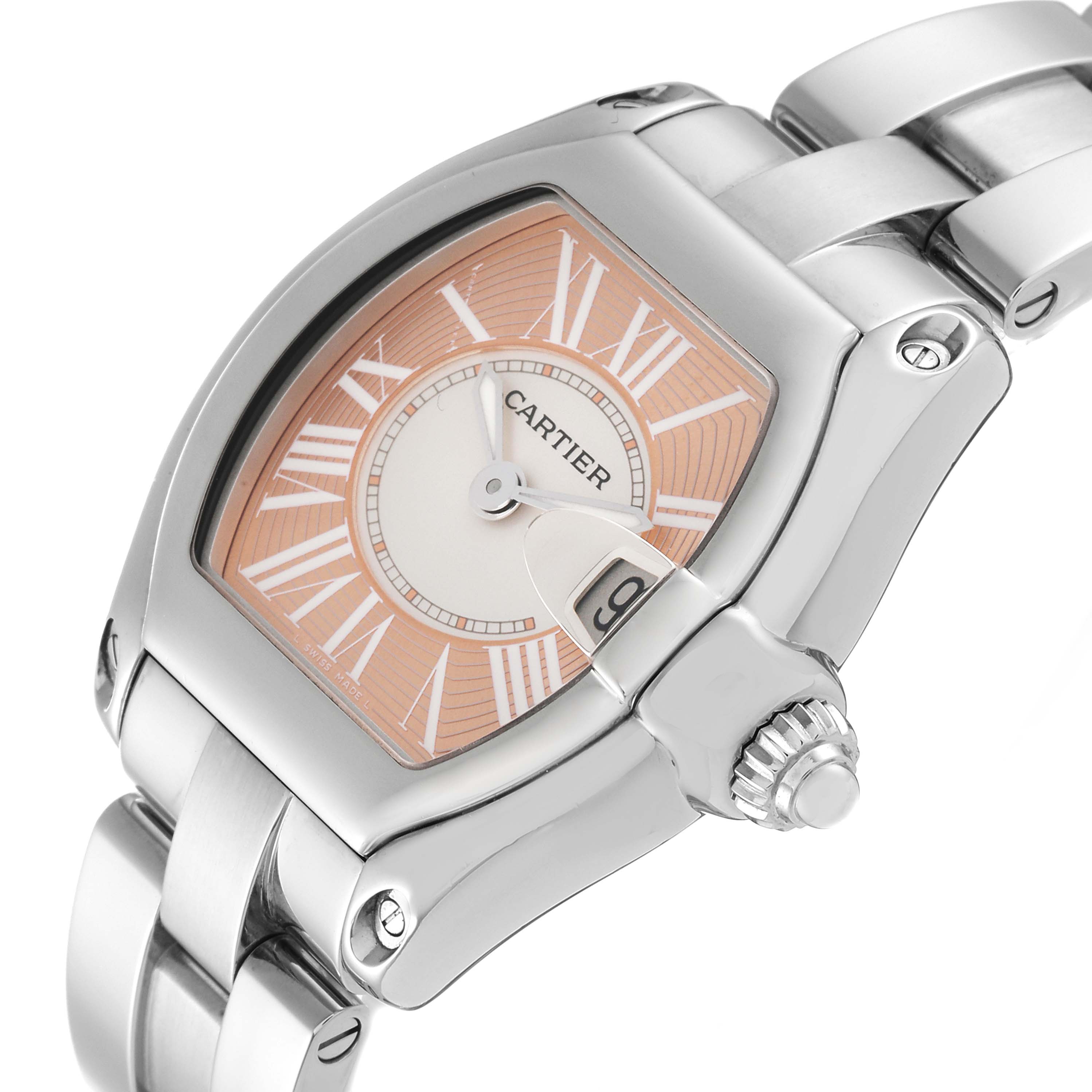 This image shows a Cartier Roadster W62054V3 Women's Stainless Steel Pink Dial W62054V3 Women's Stainless Steel Pink Dial watch at an angled view, highlighting the dial, bracelet, and crown.
