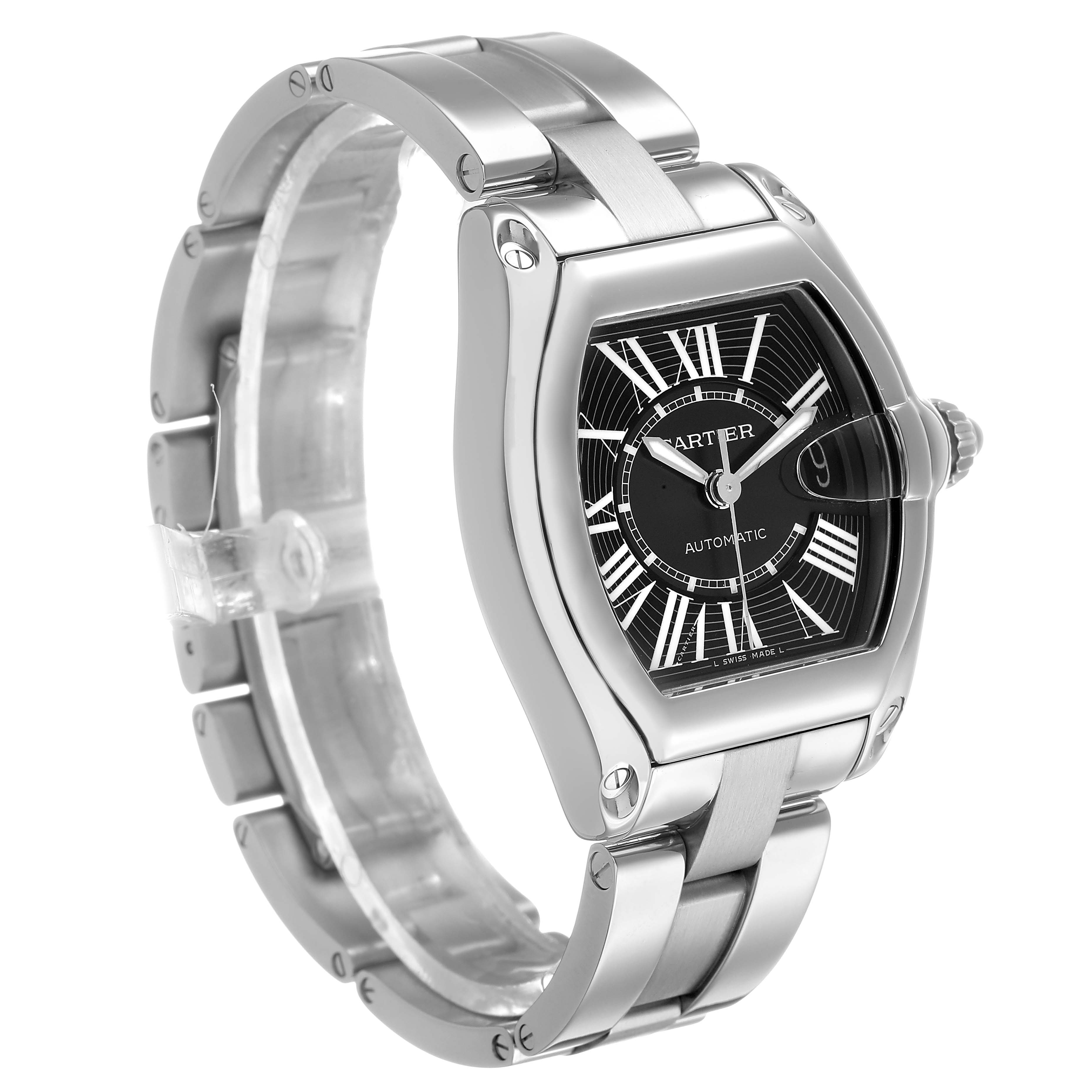 The Cartier Roadster W62041V3 Men's Stainless Steel Black Dial watch is shown at a three-quarter angle, highlighting its stainless steel case, bracelet, and black dial.