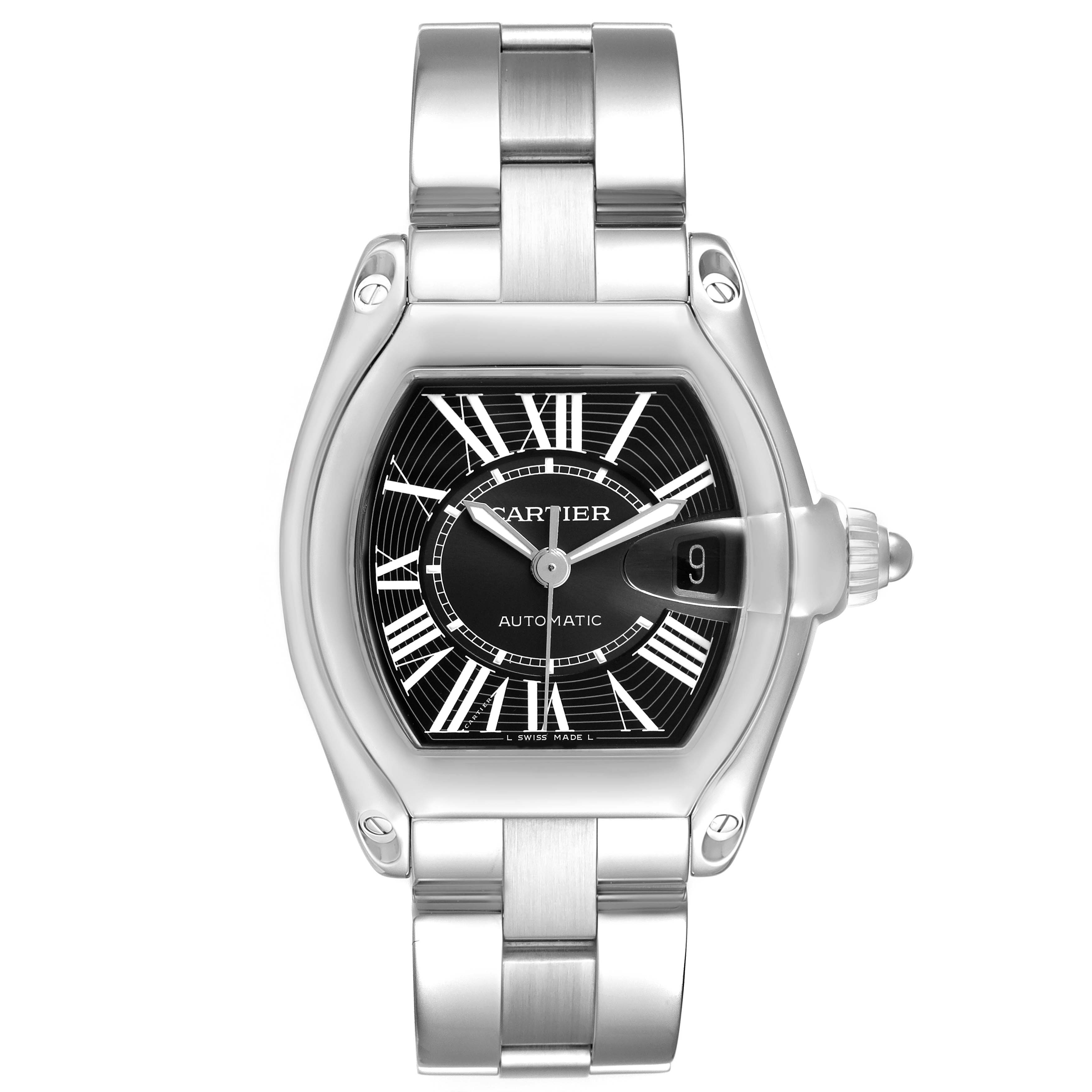 The Cartier Roadster W62041V3 Men's Stainless Steel Black Dial watch is shown from a front view, highlighting the dial, case, and bracelet.