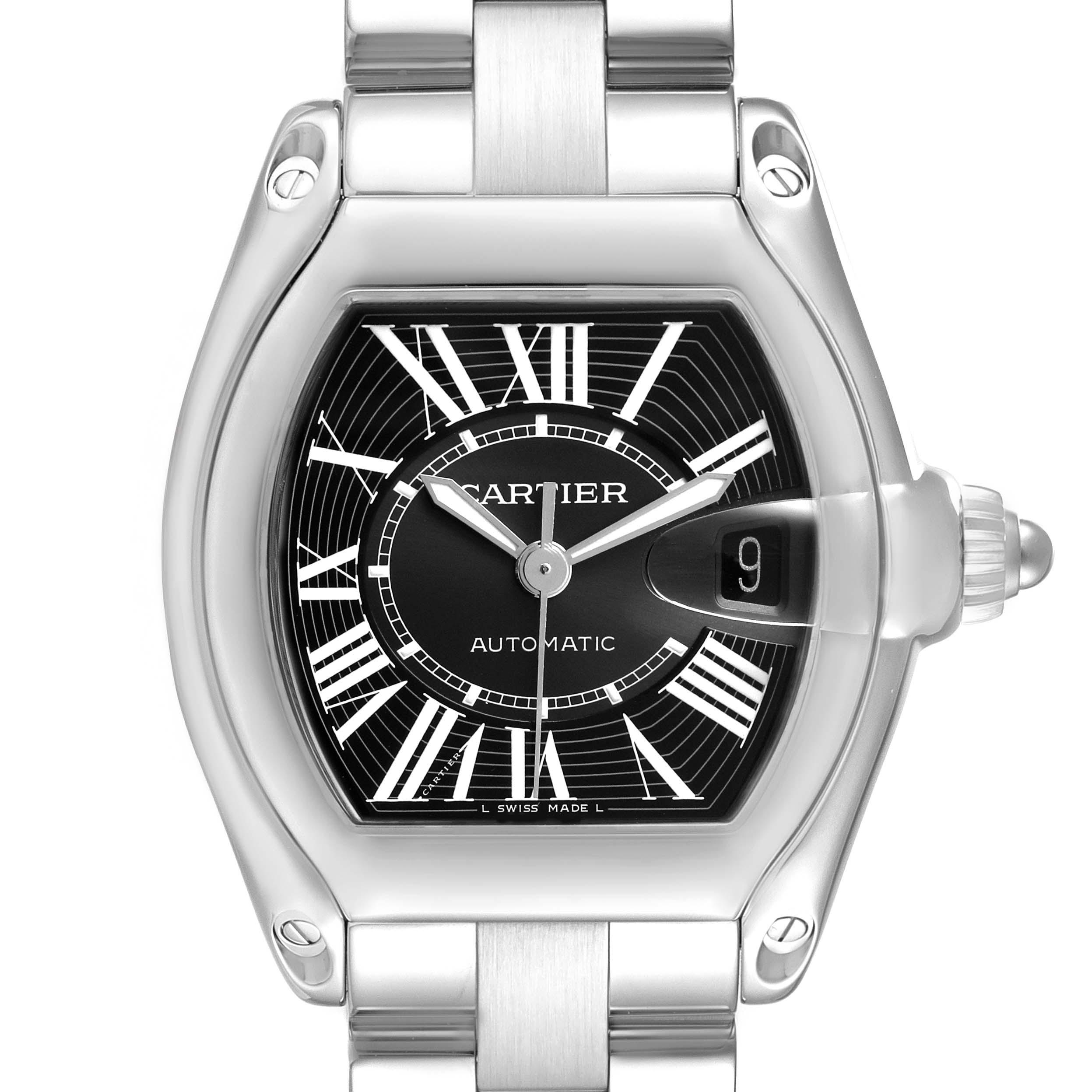 The Cartier Roadster W62041V3 Men's Stainless Steel Black Dial watch is shown front-on, highlighting the dial, case, bracelet, and date window.
