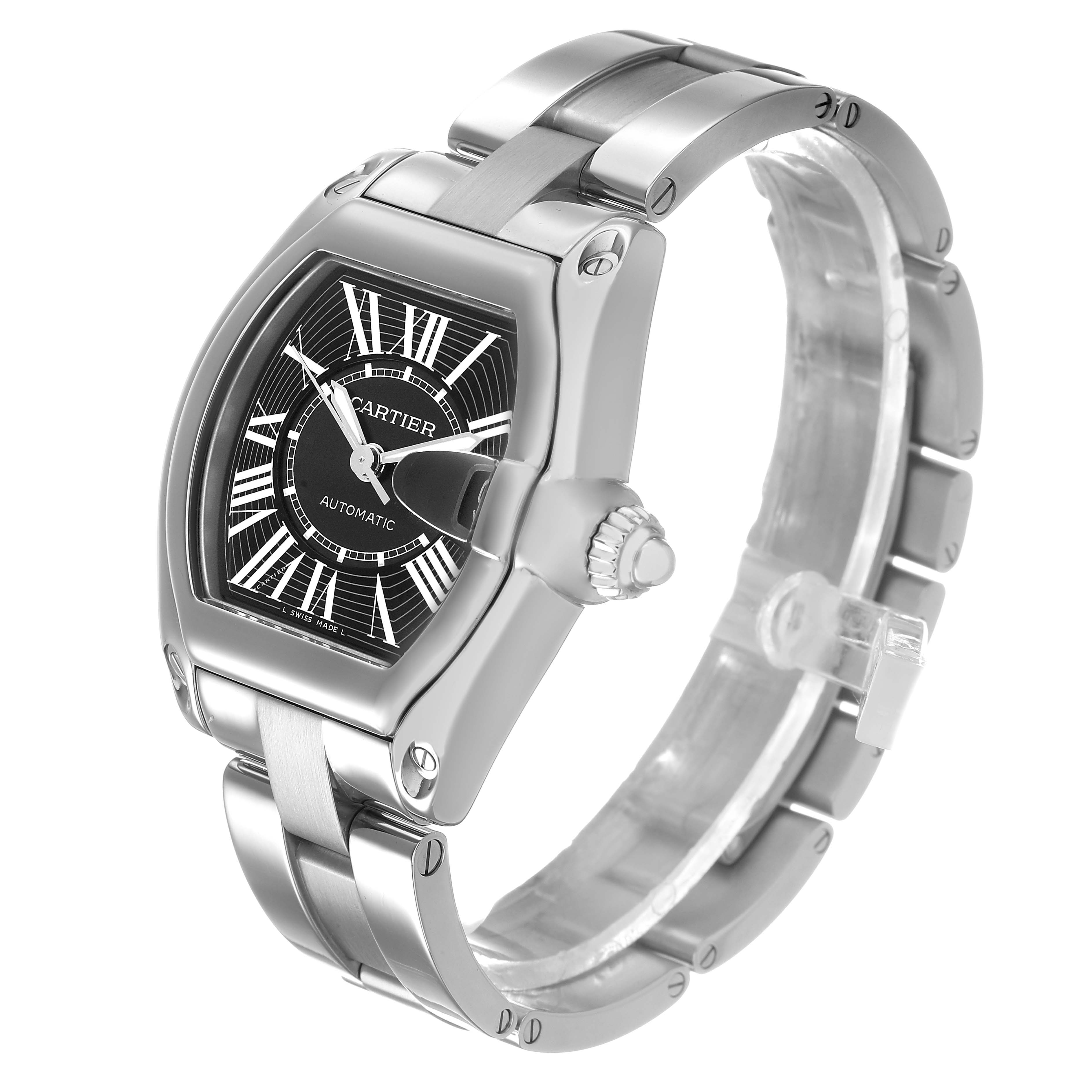 The Cartier Roadster W62041V3 Men's Stainless Steel Black Dial watch is shown at a three-quarter angle, displaying the dial, bezel, crown, and bracelet prominently.