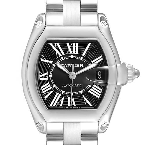 The Cartier Roadster W62041V3 Men's Stainless Steel Black Dial watch is shown from a front angle, displaying the face, Roman numerals, and metal bracelet.