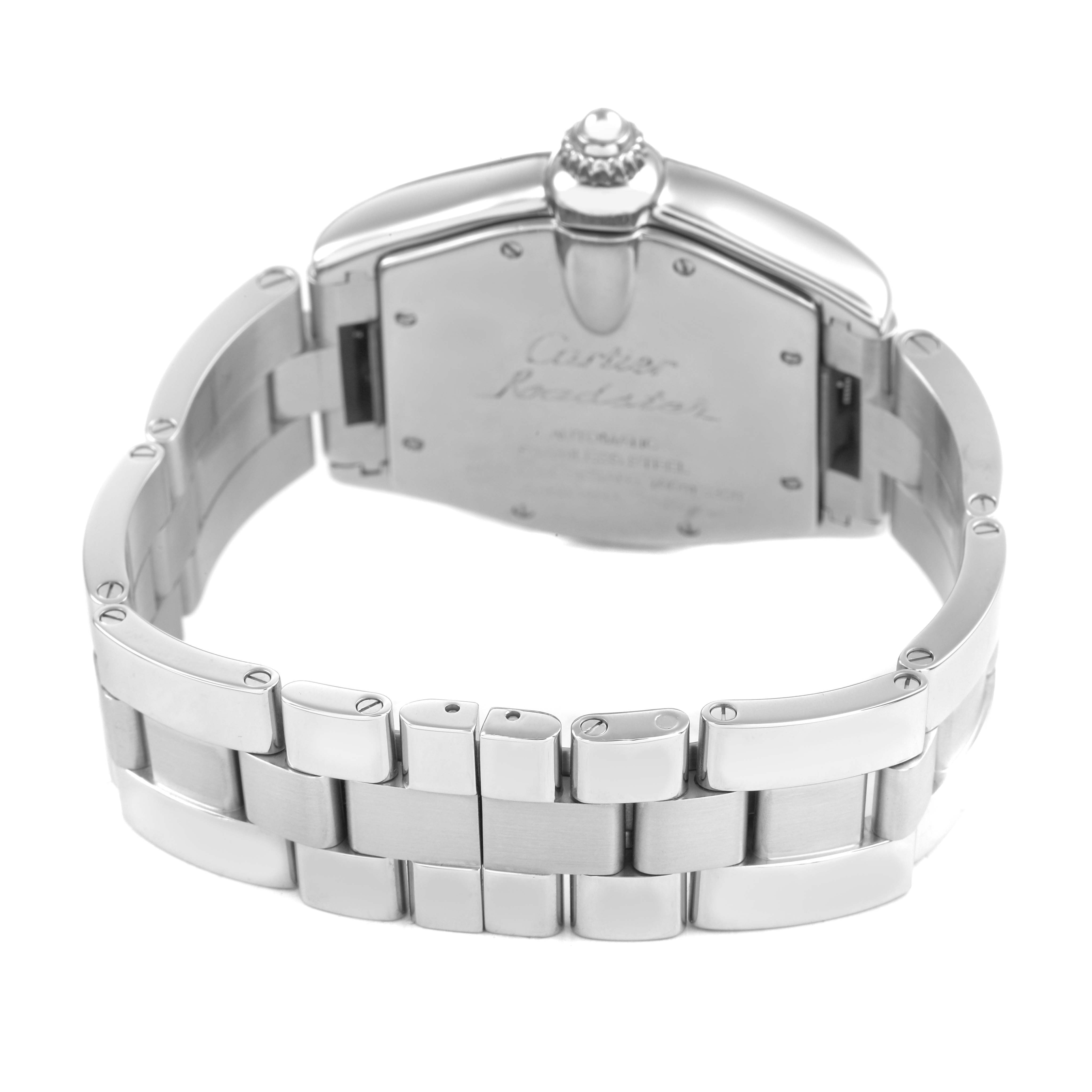 The image shows the back of a Cartier Roadster W62041V3 Men's Stainless Steel Black Dial watch, highlighting its bracelet and clasp.