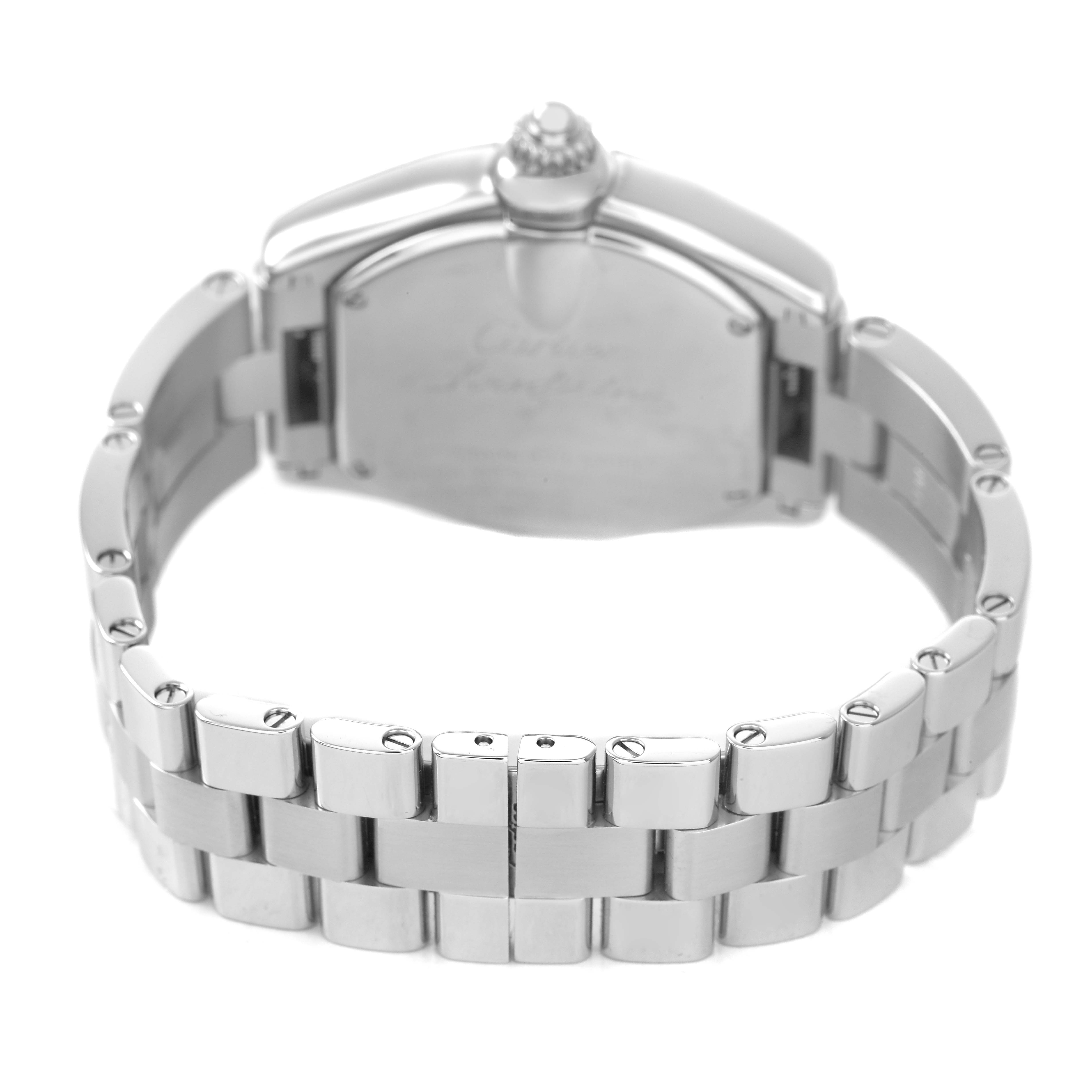 The image shows the back and bracelet of a Cartier Roadster W62017V3 Women's Stainless Steel Pink Dial watch, highlighting the clasp and link design.