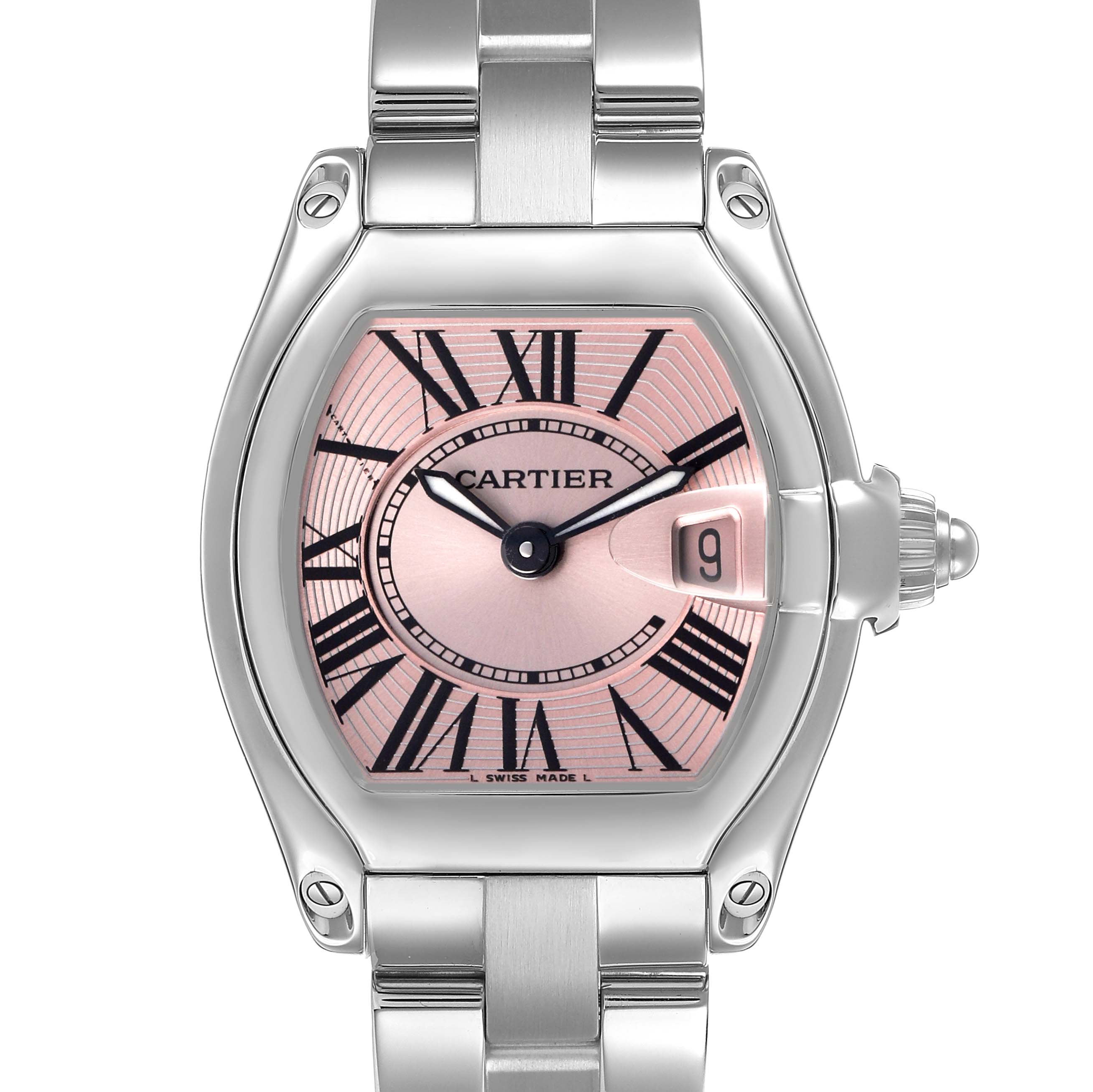 The Cartier Roadster W62017V3 Women's Stainless Steel Pink Dial watch is shown from a front angle, displaying its dial, crown, and part of the bracelet.