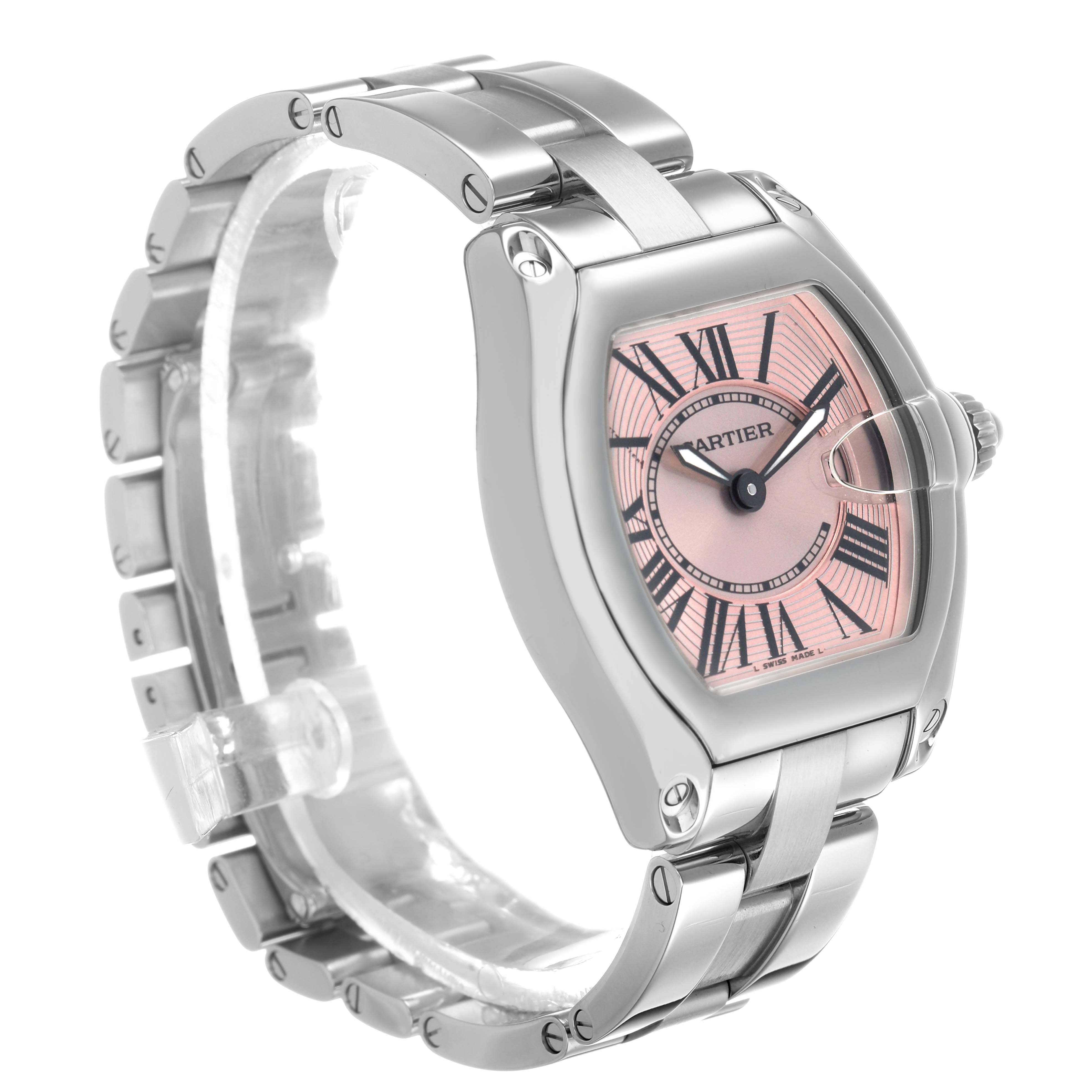 The Cartier Roadster W62017V3 Women's Stainless Steel Pink Dial watch is shown at a slight angle, highlighting the face, bezel, crown, and bracelet.