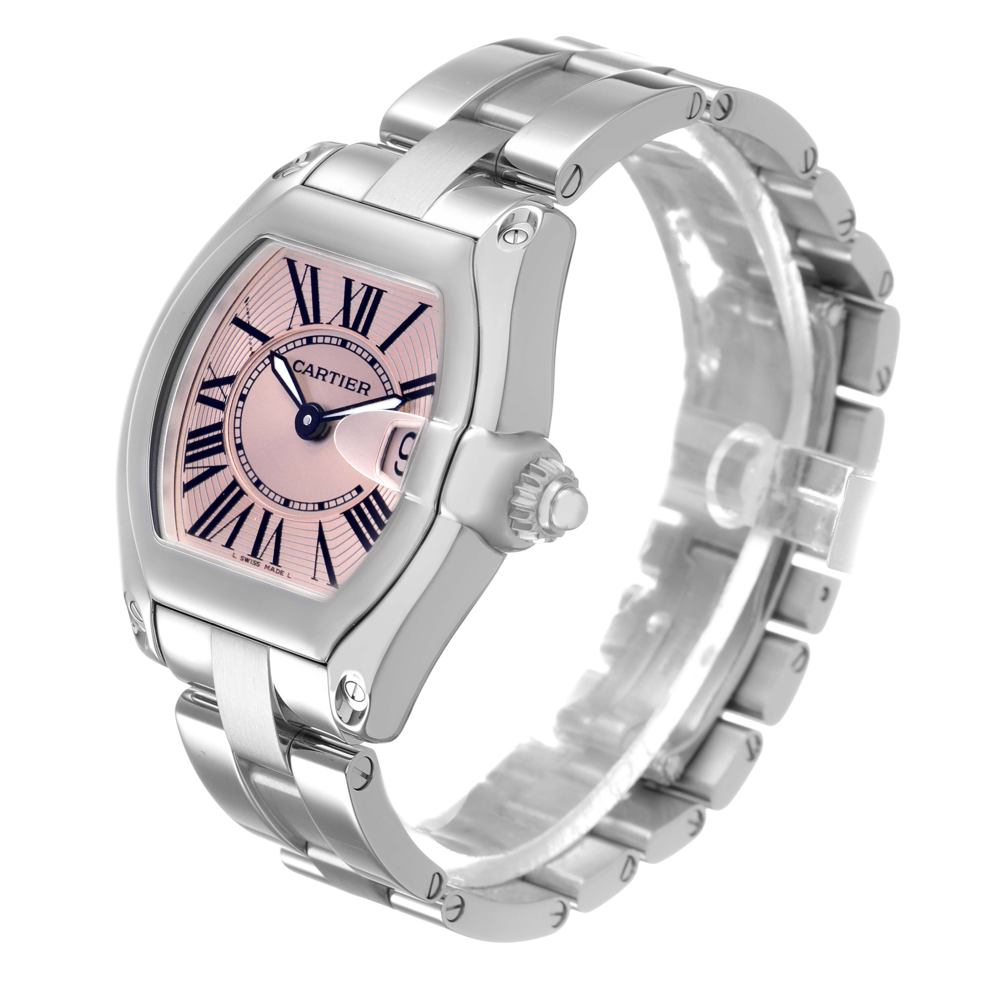 The Cartier Roadster W62017V3 Women's Stainless Steel Pink Dial watch is shown from a three-quarter angle, displaying its face, bracelet, and crown clearly.
