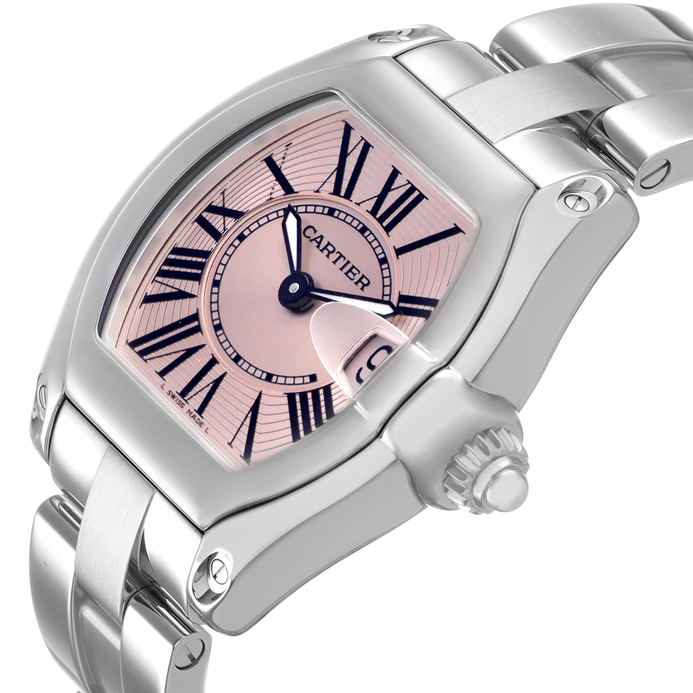 The Cartier Roadster W62017V3 Women's Stainless Steel Pink Dial watch is shown at an angled view, highlighting the dial, crown, case, and part of the bracelet.