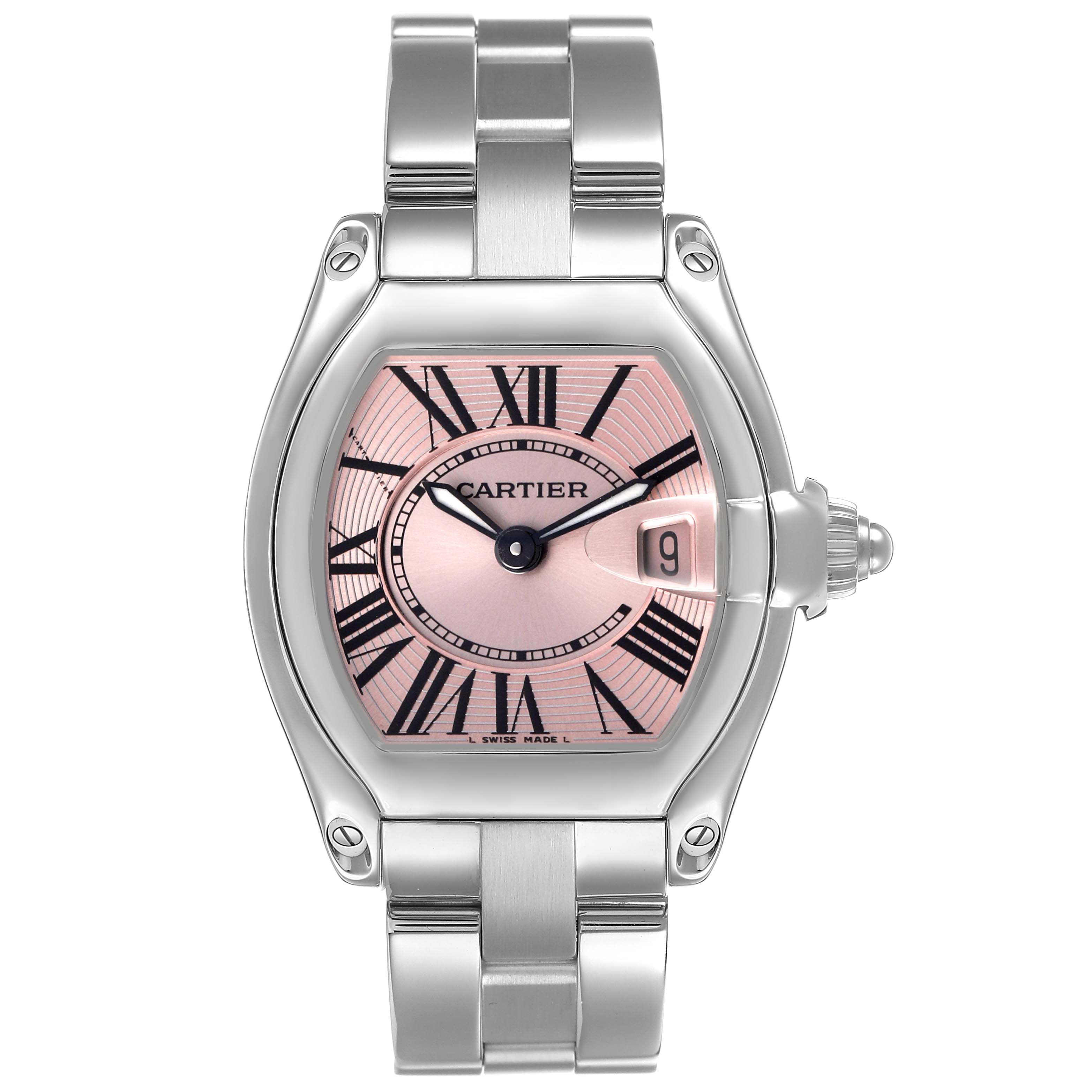 The Cartier Roadster W62017V3 Women's Stainless Steel Pink Dial watch is shown from a front view, highlighting its pink dial, Roman numerals, and metal bracelet.