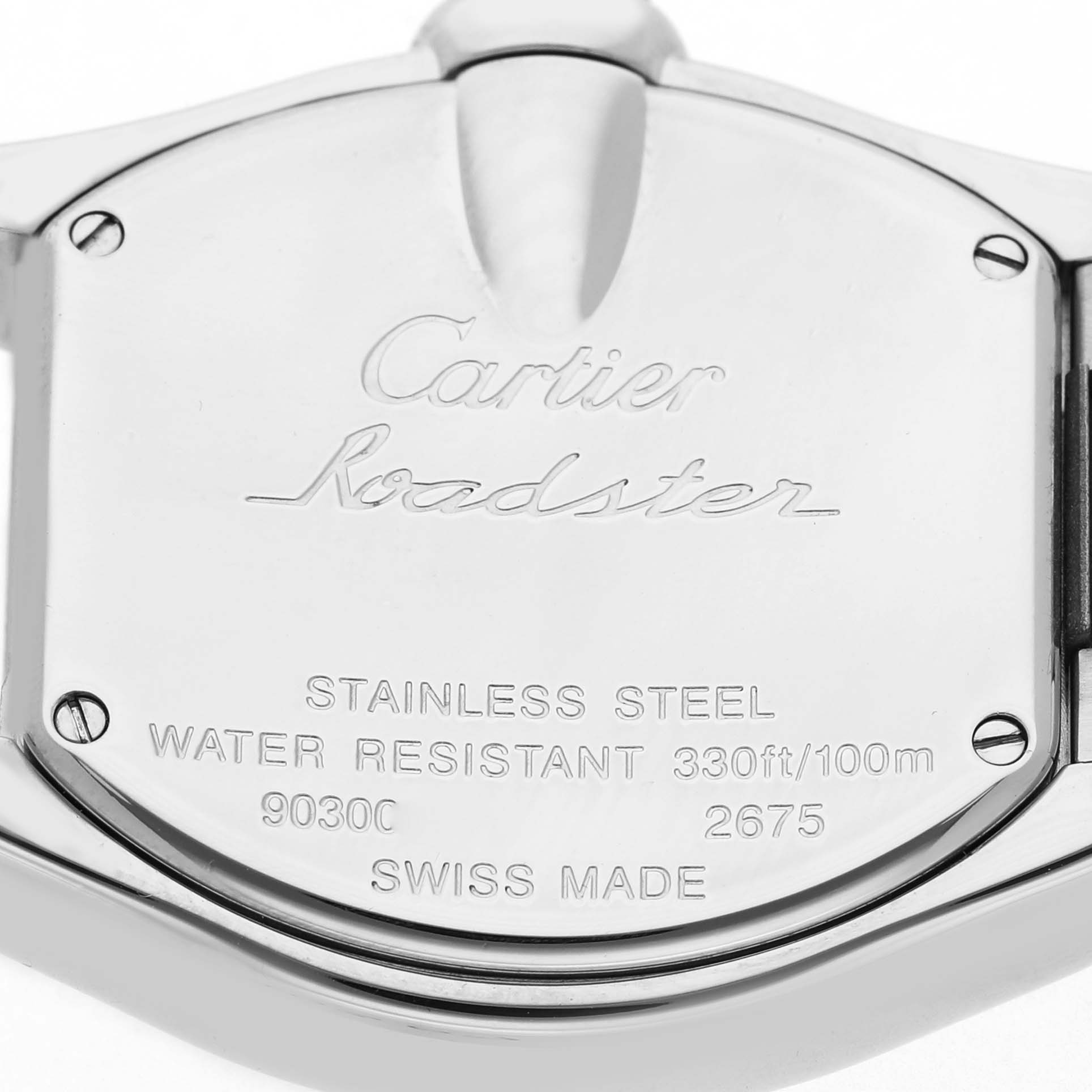The image shows the back casing of a Cartier Roadster W62017V3 Women's Stainless Steel Pink Dial watch, highlighting its stainless steel material and water resistance.