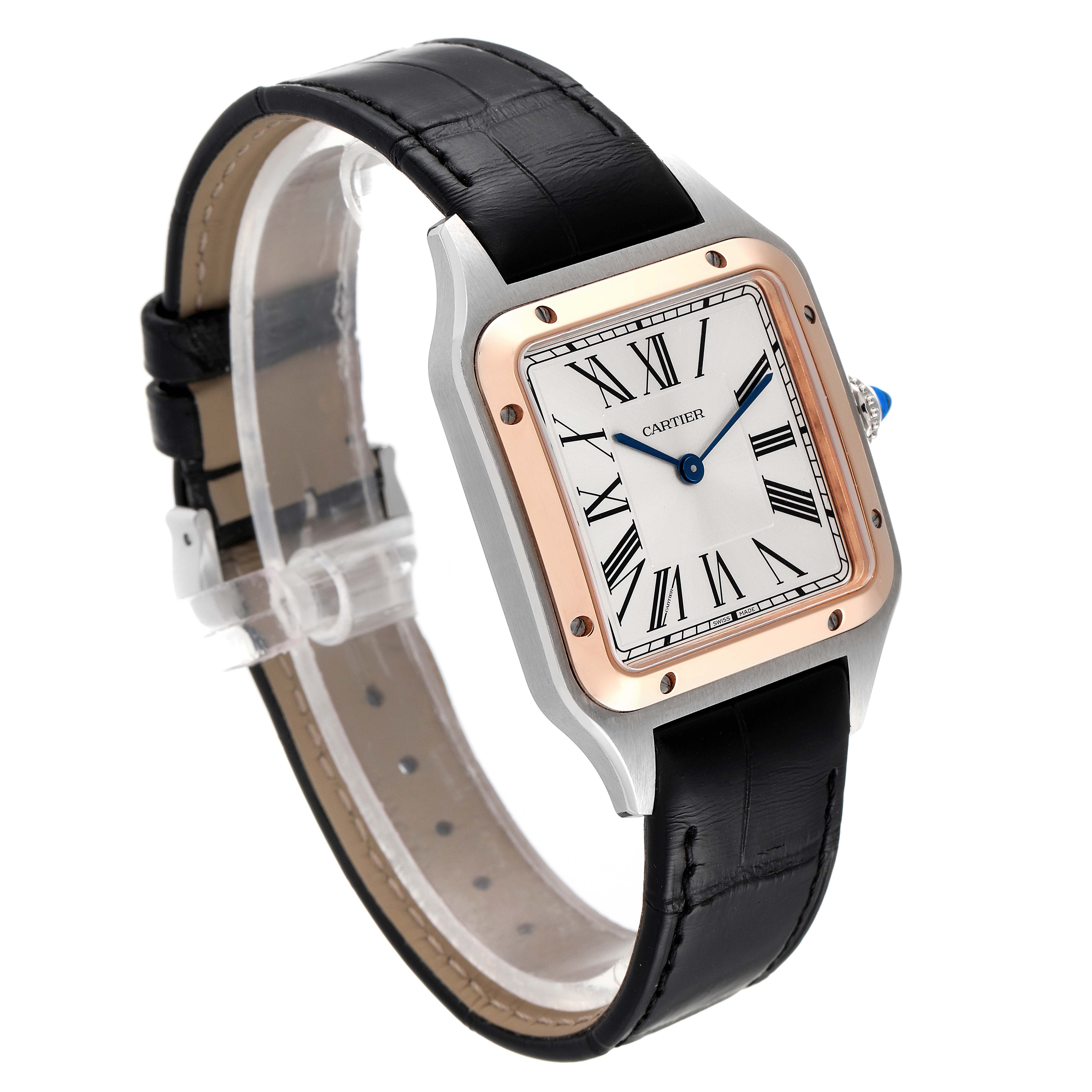The image shows a Cartier Santos Dumont W2SA0011 Men's Steel and Gold (two tone) Silver Dial W2SA0011 Men's Steel and Gold (two tone) Silver Dial watch angled from the front-left, highlighting the dial, case, and leather strap.