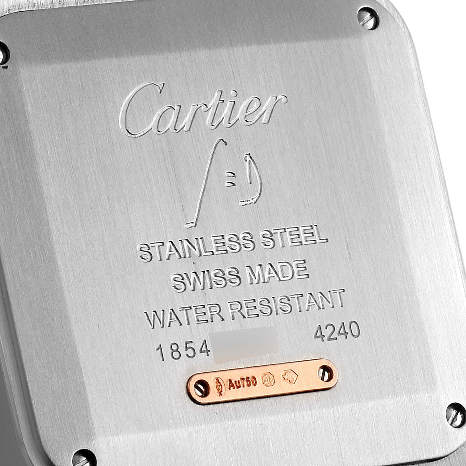 This image shows the back case of a Cartier Santos Dumont W2SA0011 Men's Steel and Gold (two tone) Silver Dial W2SA0011 Men's Steel and Gold (two tone) Silver Dial watch, highlighting its stainless steel construction and water resistance.