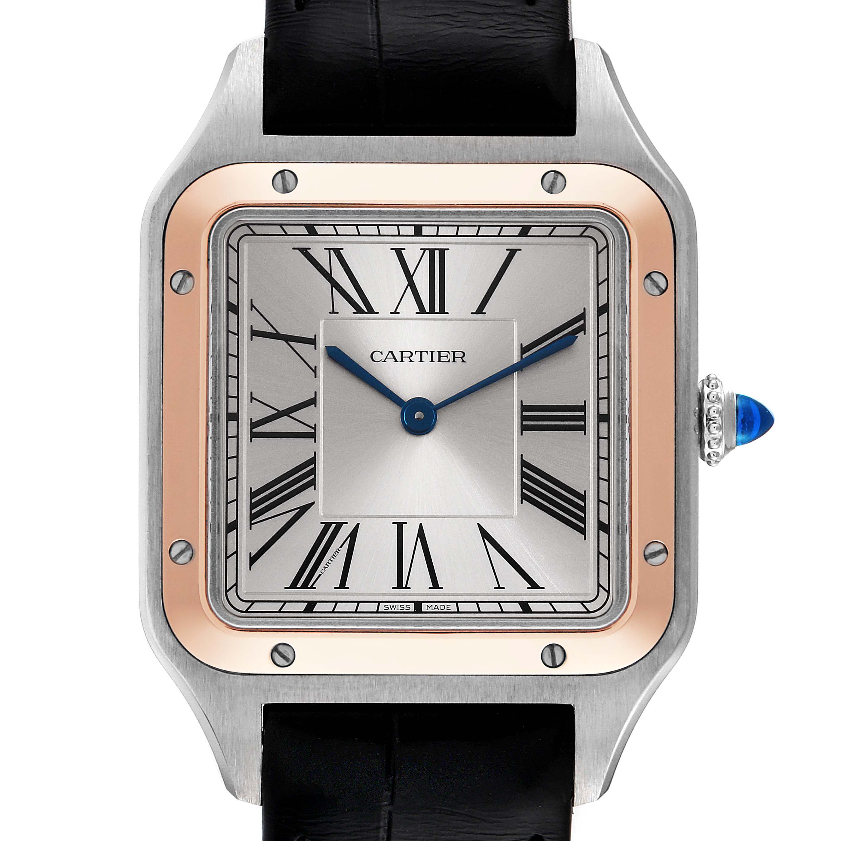 The image shows a close-up of the dial, bezel, and crown of the Cartier Santos Dumont W2SA0011 Men's Steel and Gold (two tone) Silver Dial W2SA0011 Men's Steel and Gold (two tone) Silver Dial model watch.