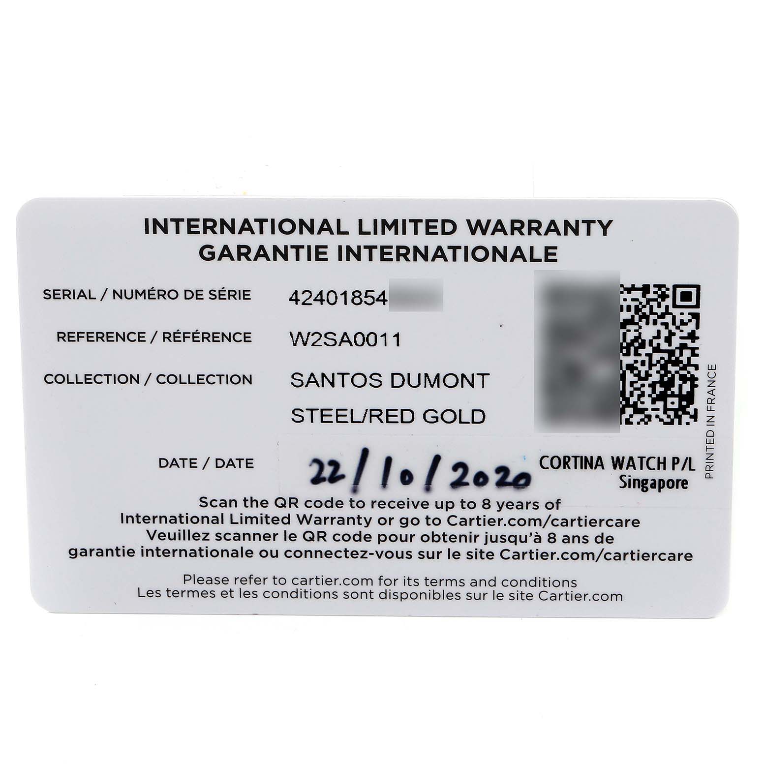 This image shows the International Limited Warranty card for the Santos Dumont model by Cartier.