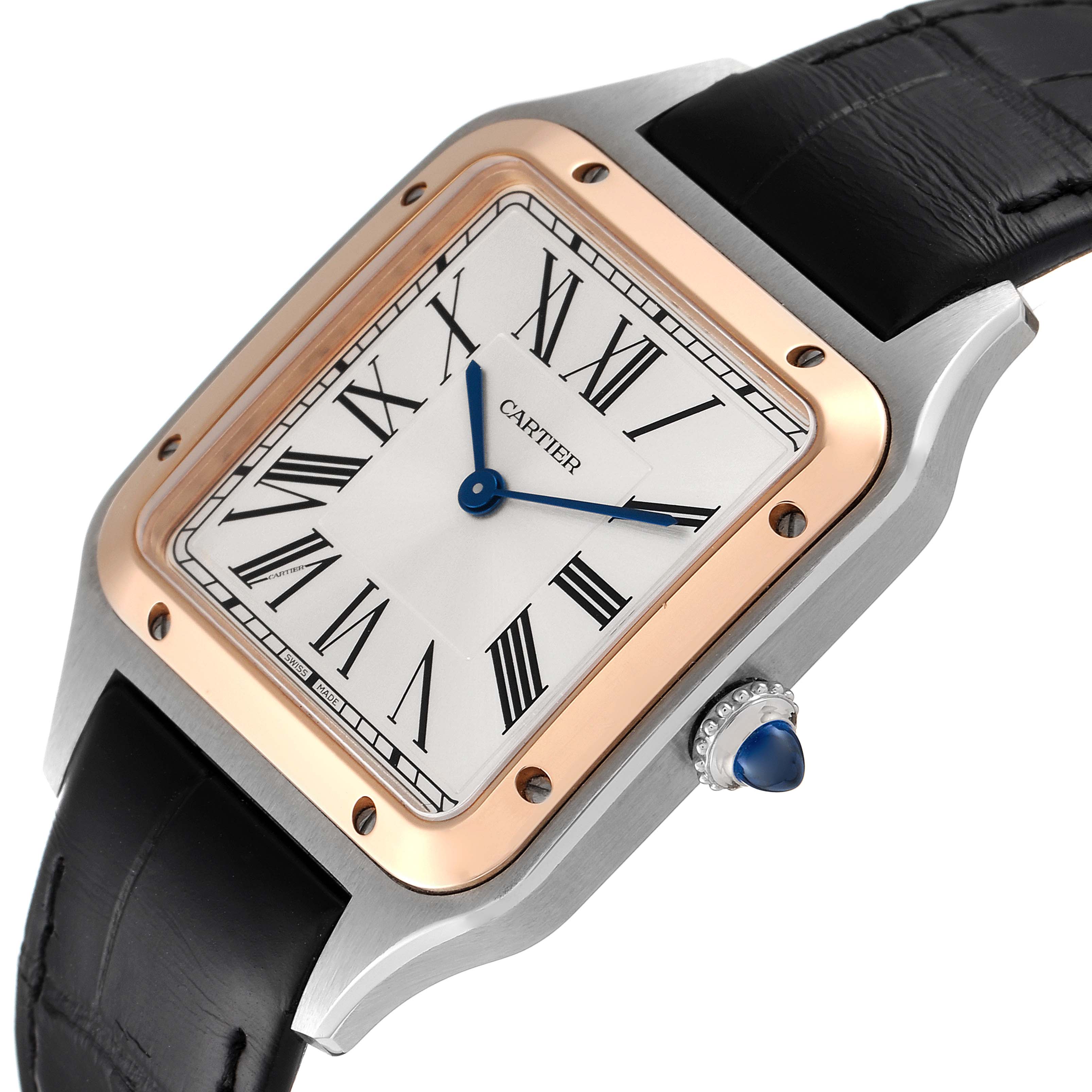 The Cartier Santos Dumont W2SA0011 Men's Steel and Gold (two tone) Silver Dial W2SA0011 Men's Steel and Gold (two tone) Silver Dial watch is shown at an angle, highlighting the dial, bezel, crown, and black leather strap.