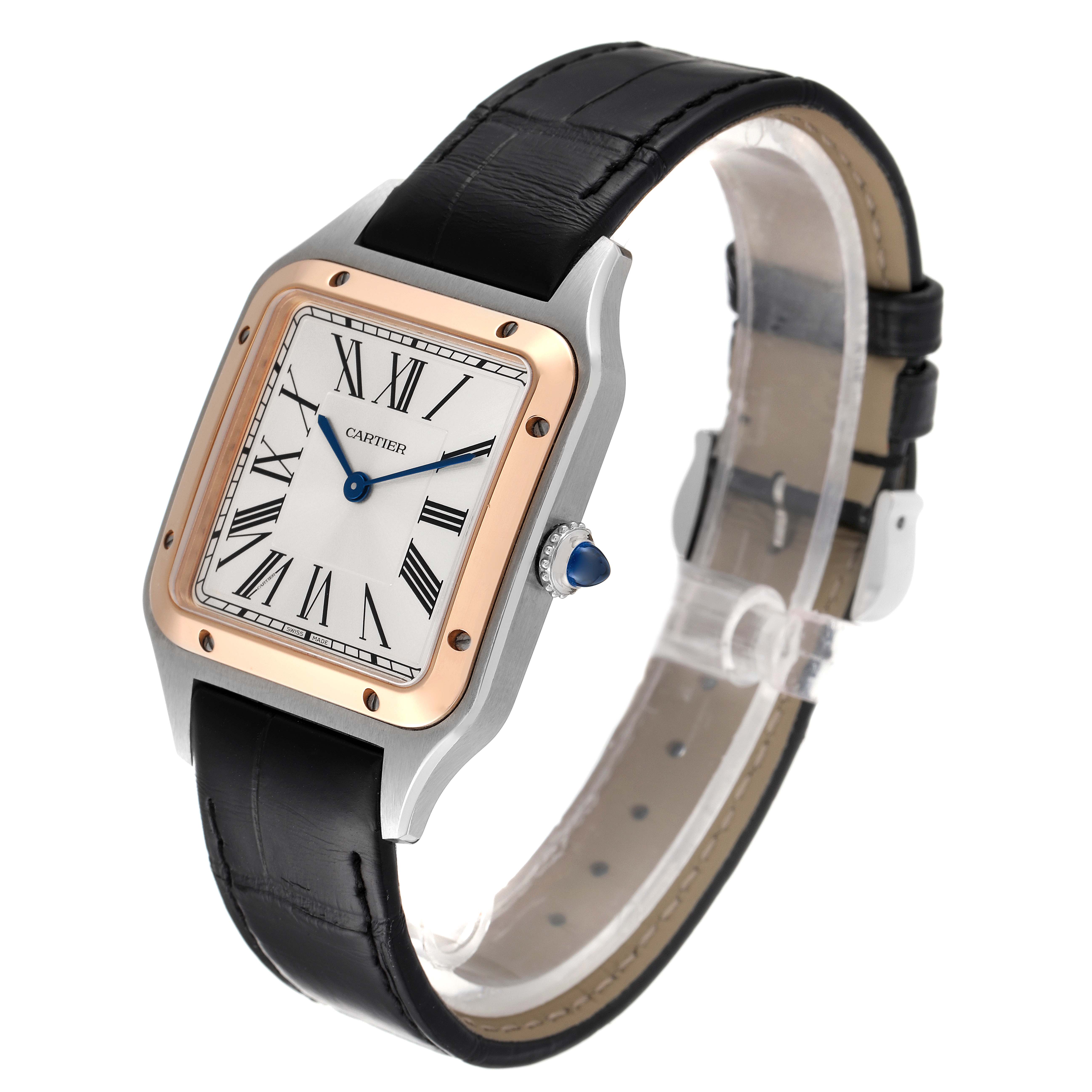 The image shows a Cartier Santos Dumont W2SA0011 Men's Steel and Gold (two tone) Silver Dial W2SA0011 Men's Steel and Gold (two tone) Silver Dial watch at a three-quarter angle, highlighting its dial, case, crown, and black strap.