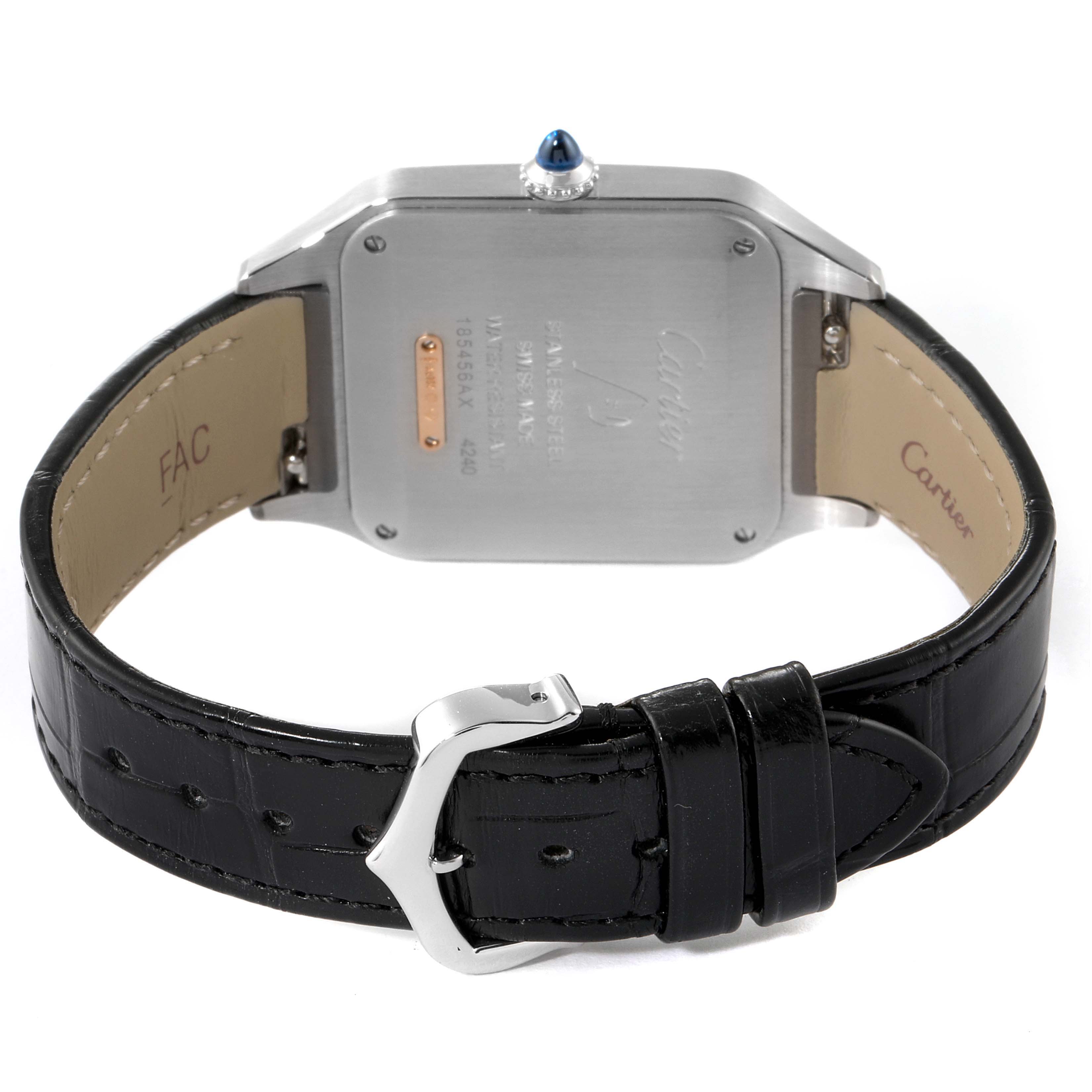 The image shows the back view of a Cartier Santos Dumont W2SA0011 Men's Steel and Gold (two tone) Silver Dial W2SA0011 Men's Steel and Gold (two tone) Silver Dial watch displaying the case back, leather strap, and buckle.