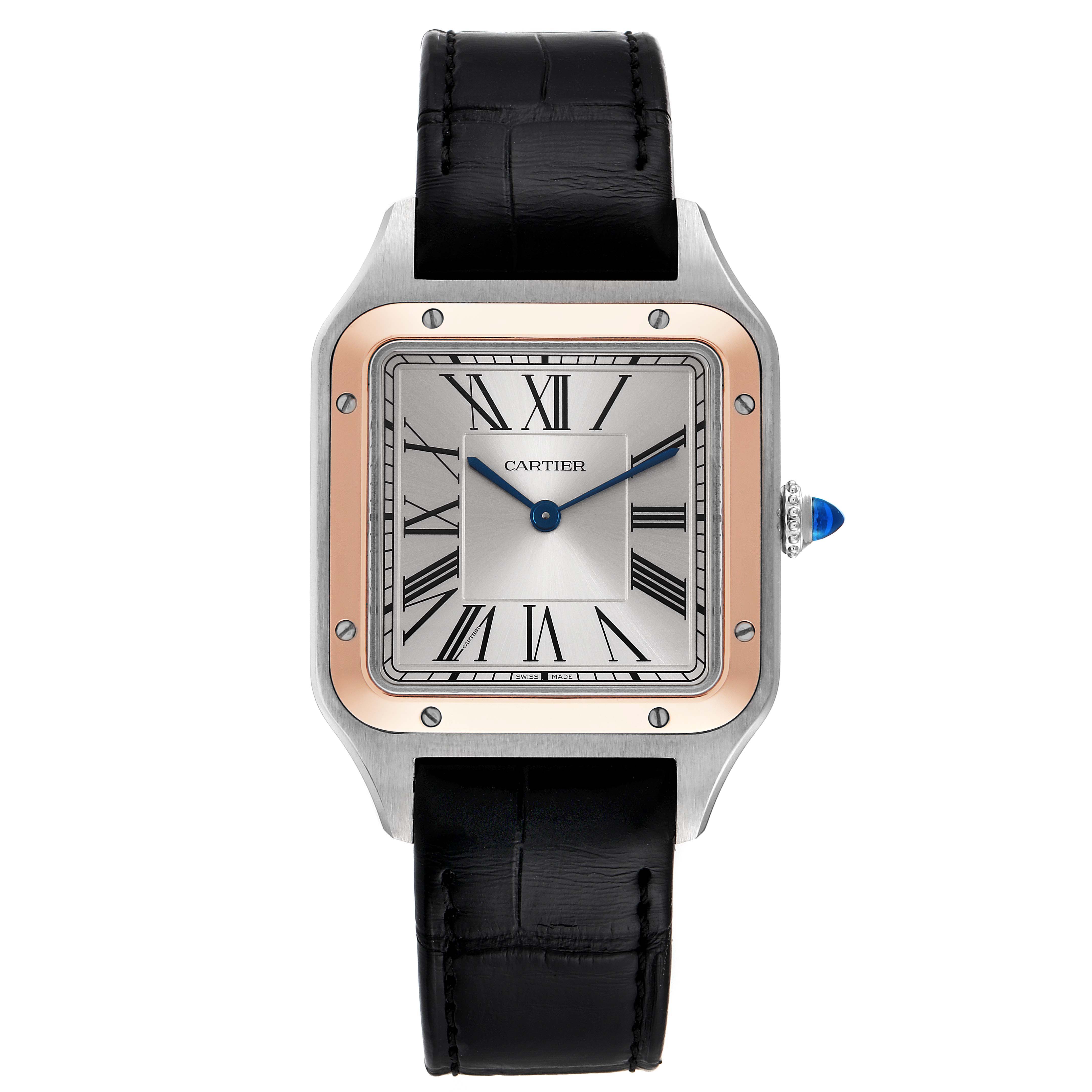 This Cartier Santos Dumont W2SA0011 Men's Steel and Gold (two tone) Silver Dial W2SA0011 Men's Steel and Gold (two tone) Silver Dial watch is shown from a front angle, highlighting its square face, Roman numerals, and leather strap.