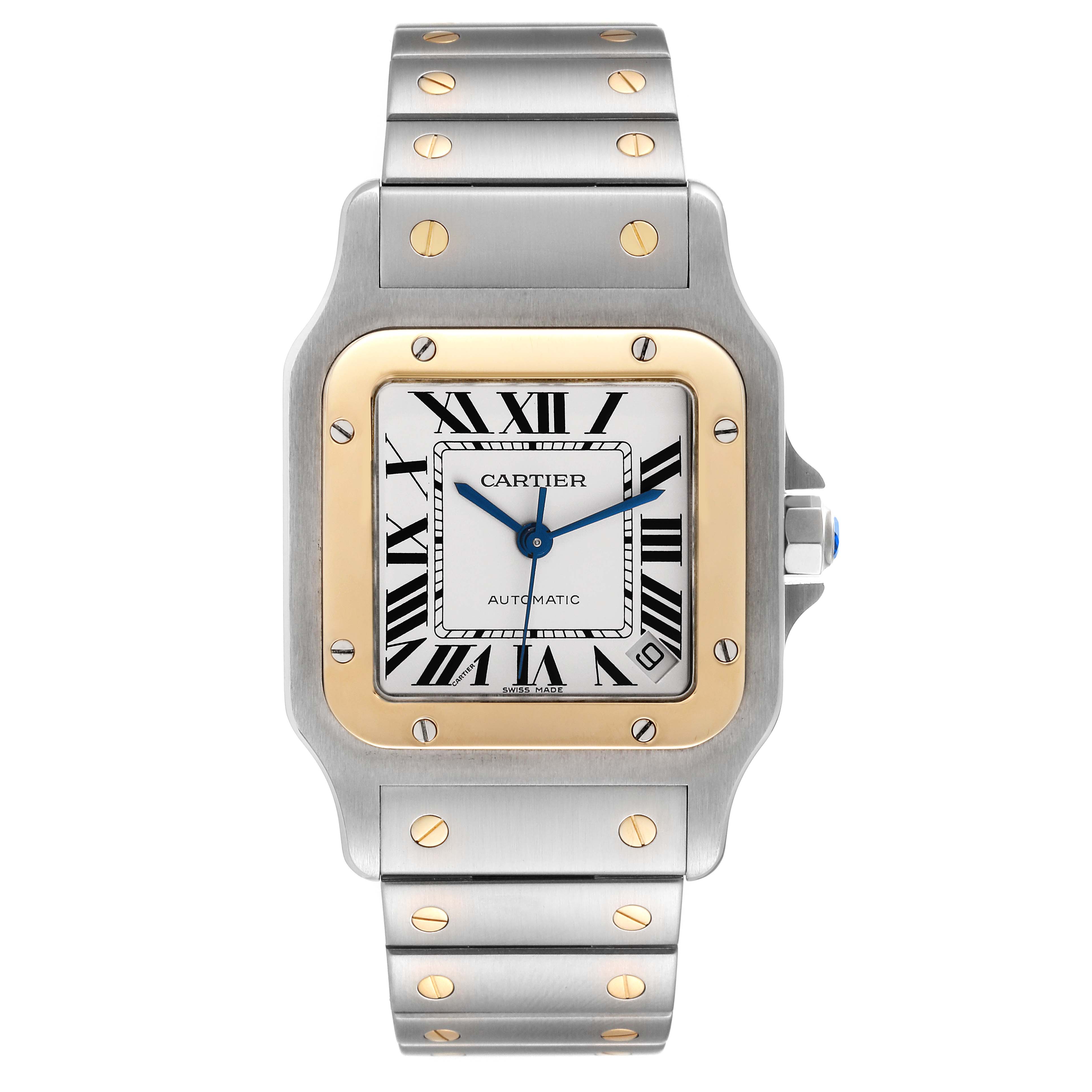 The front view of the Cartier Santos W20099C4 Men's Stainless Steel Silver Dial W20099C4 Men's Stainless Steel Silver Dial model watch is shown, highlighting its face, bezel, and bracelet.