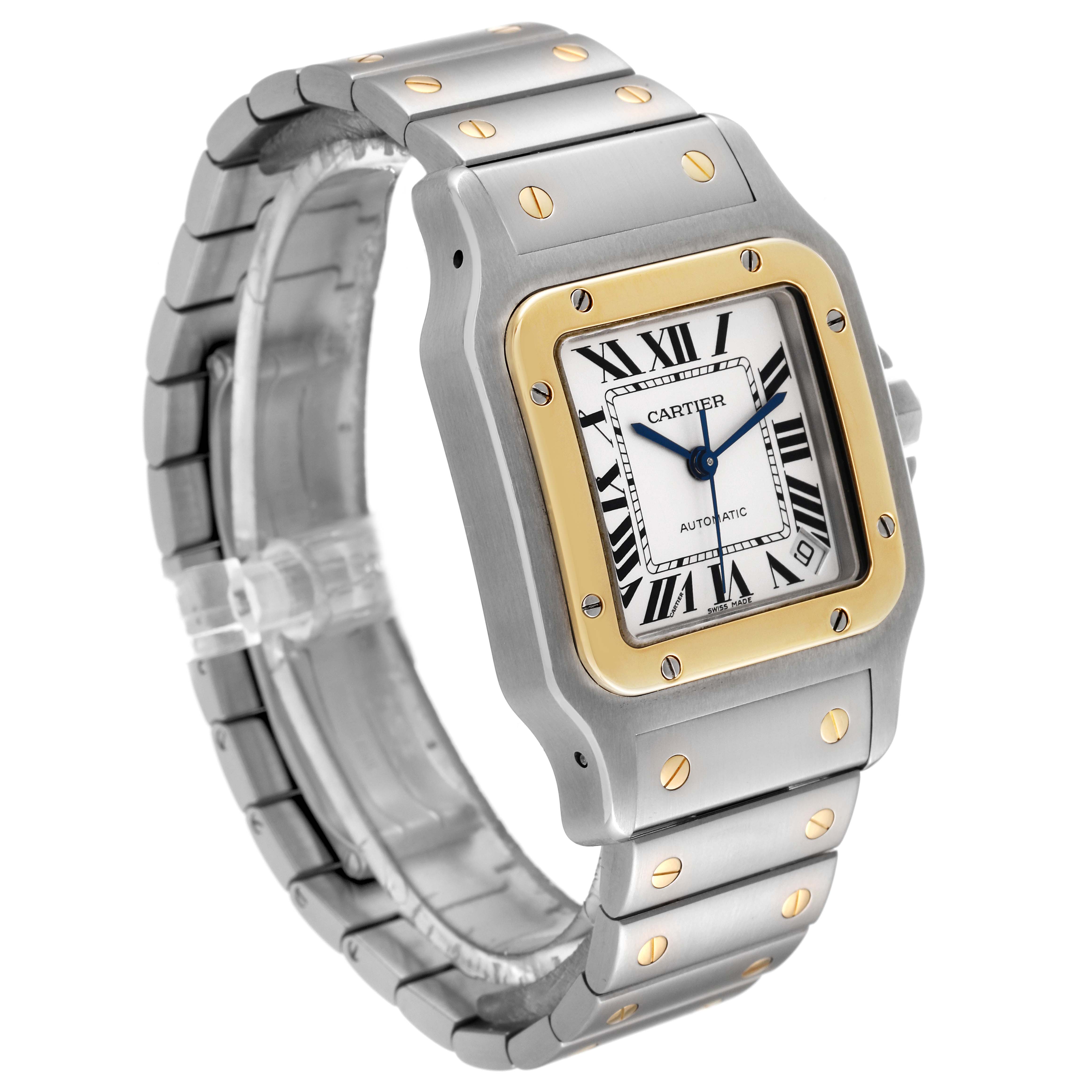 The image shows a Cartier Santos W20099C4 Men's Stainless Steel Silver Dial W20099C4 Men's Stainless Steel Silver Dial watch at a three-quarter angle, displaying its face, bezel, and bracelet with gold accents.
