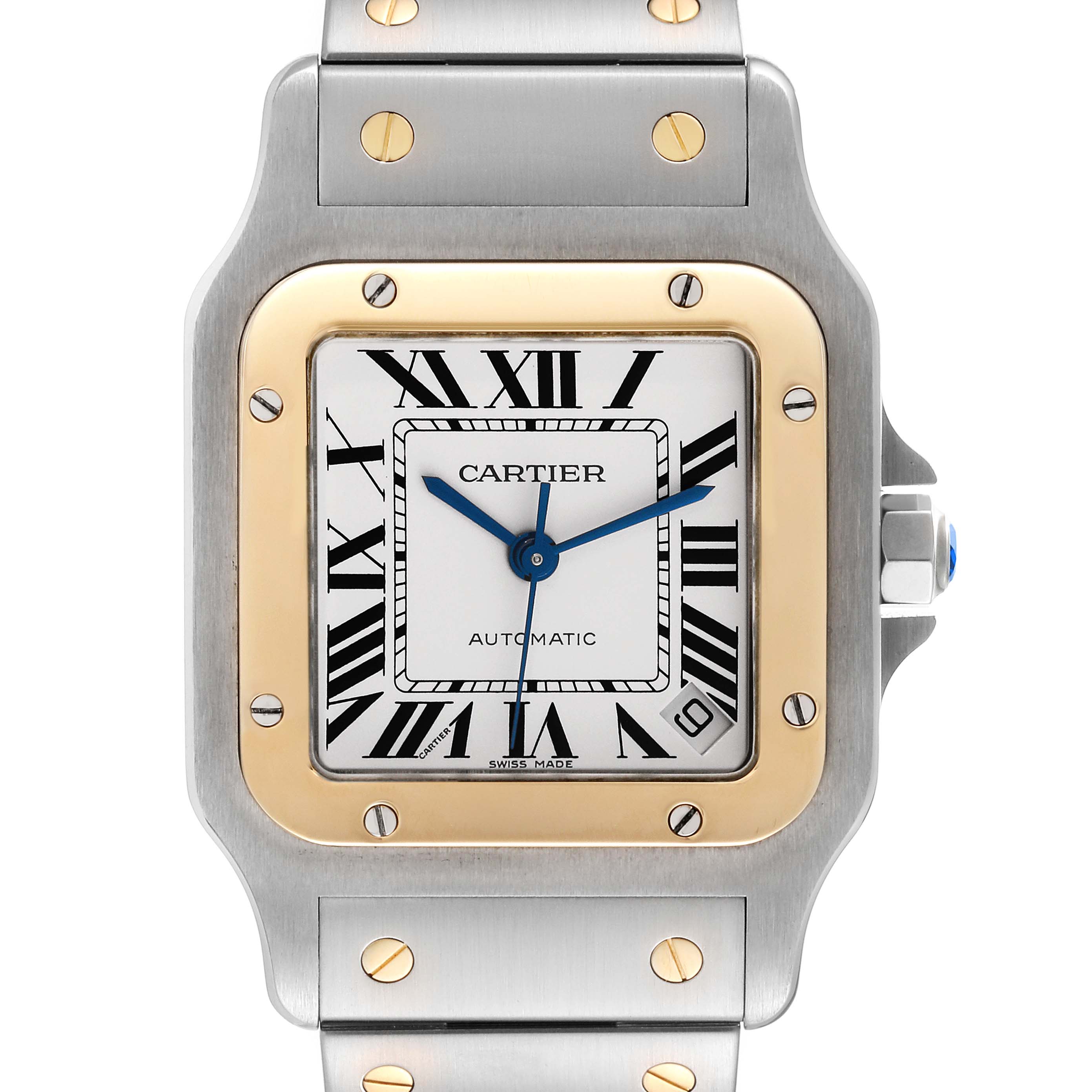 The image shows the face of a Cartier Santos W20099C4 Men's Stainless Steel Silver Dial W20099C4 Men's Stainless Steel Silver Dial watch from a front angle, highlighting its bezel, dial, and part of the strap.
