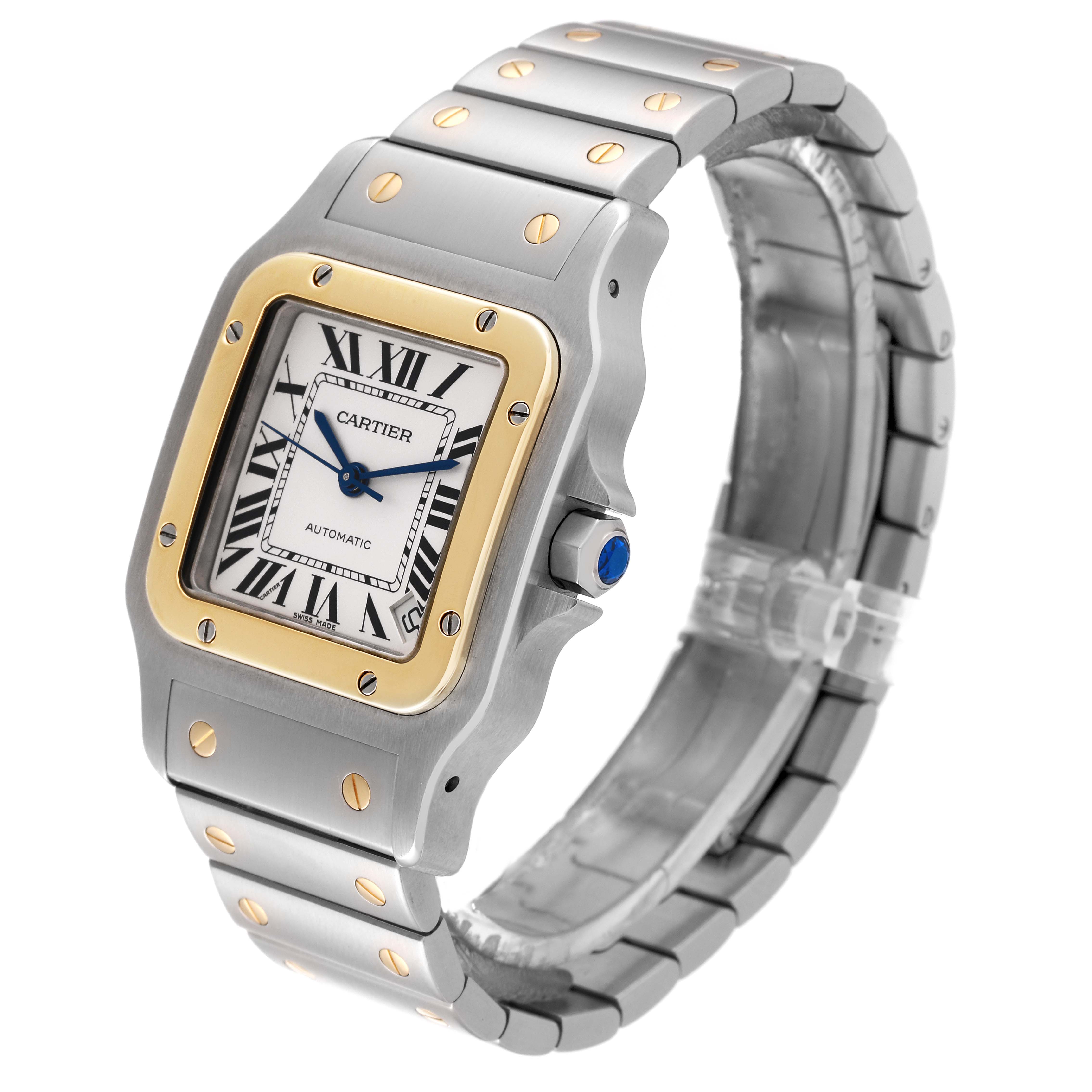 The image shows a Cartier Santos W20099C4 Men's Stainless Steel Silver Dial W20099C4 Men's Stainless Steel Silver Dial watch from a three-quarter angle, highlighting the face, bezel, crown, and bracelet.