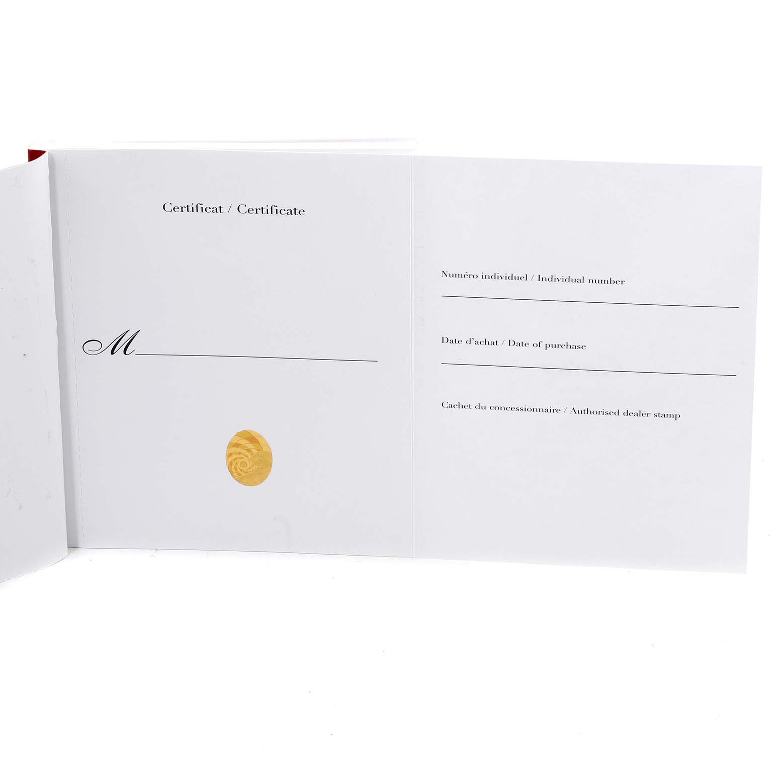 This image shows the certificate with individual number and purchase date for the Santos model by Cartier.