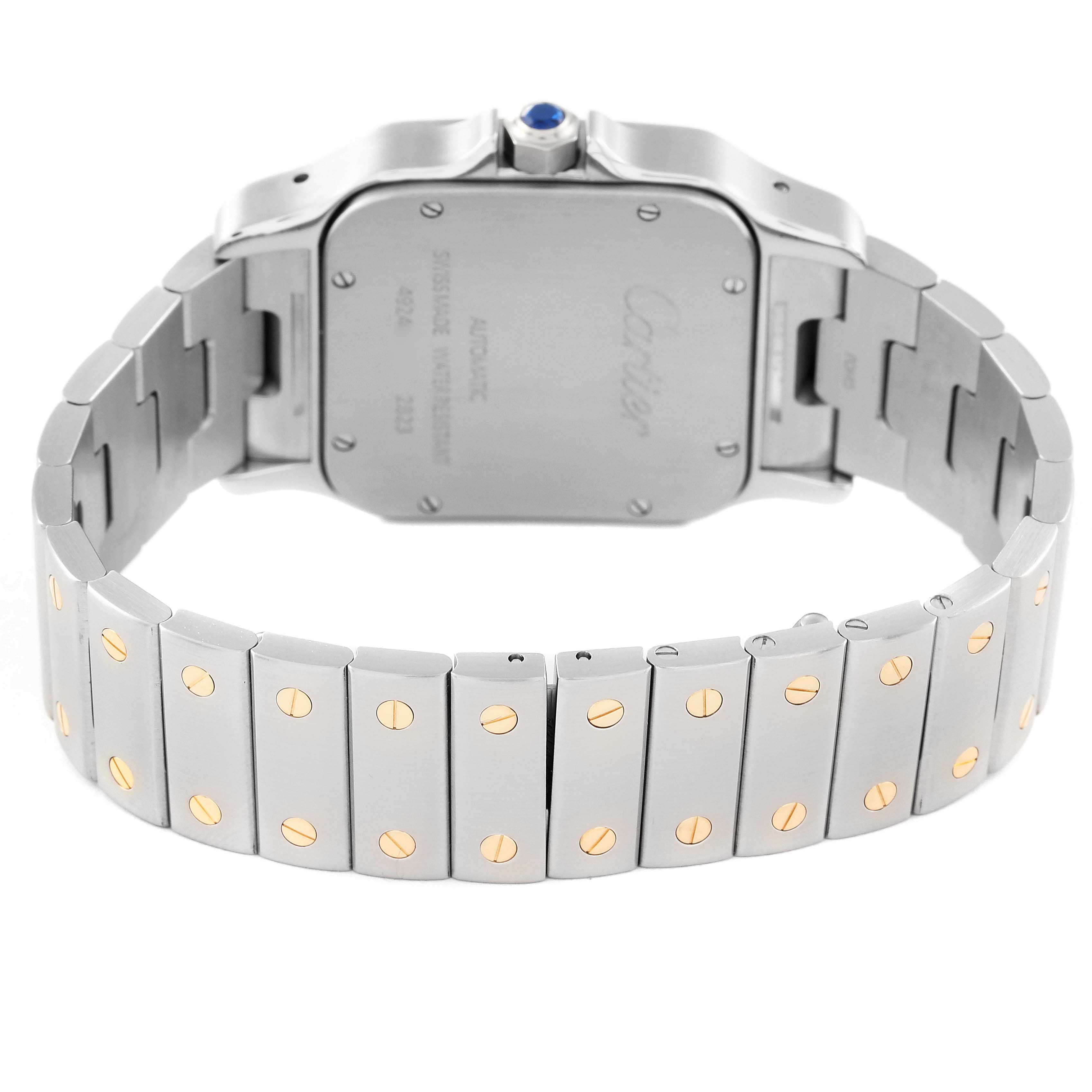 The image shows the back and bracelet of a Cartier Santos W20099C4 Men's Stainless Steel Silver Dial W20099C4 Men's Stainless Steel Silver Dial watch, with visible screws on the bracelet links. 
