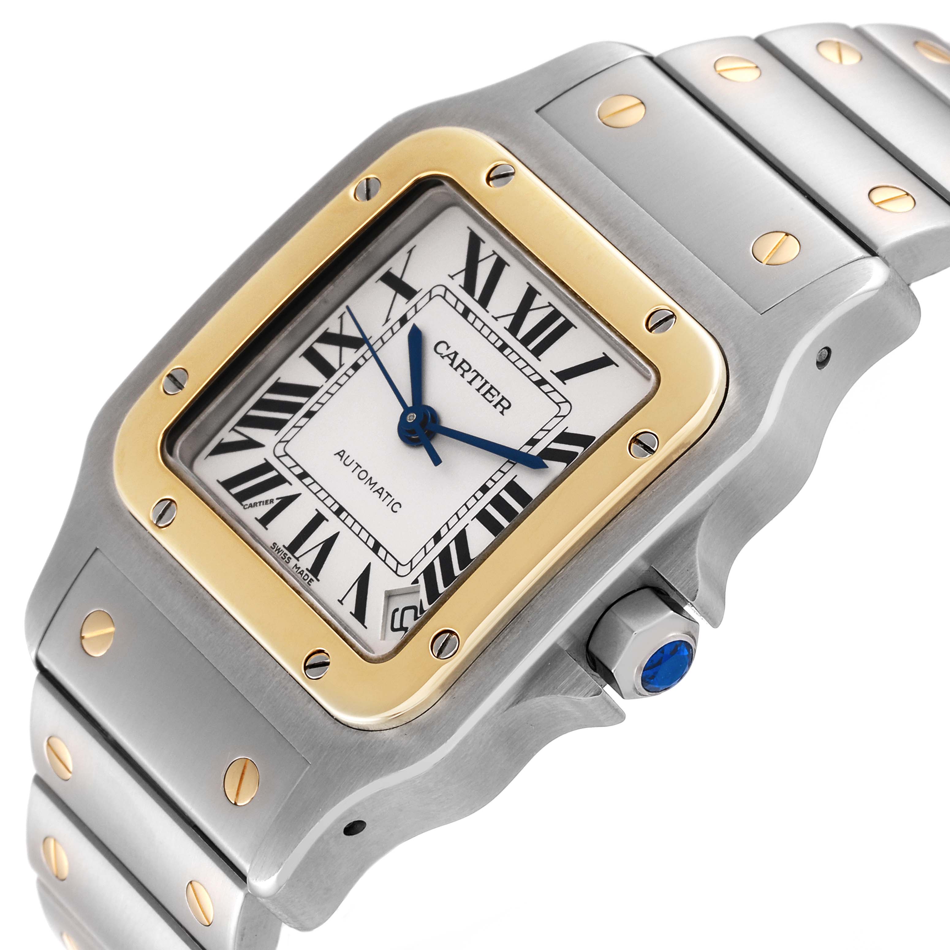 The image shows the Cartier Santos W20099C4 Men's Stainless Steel Silver Dial W20099C4 Men's Stainless Steel Silver Dial watch at an angle emphasizing the face, bezel, and part of the bracelet.