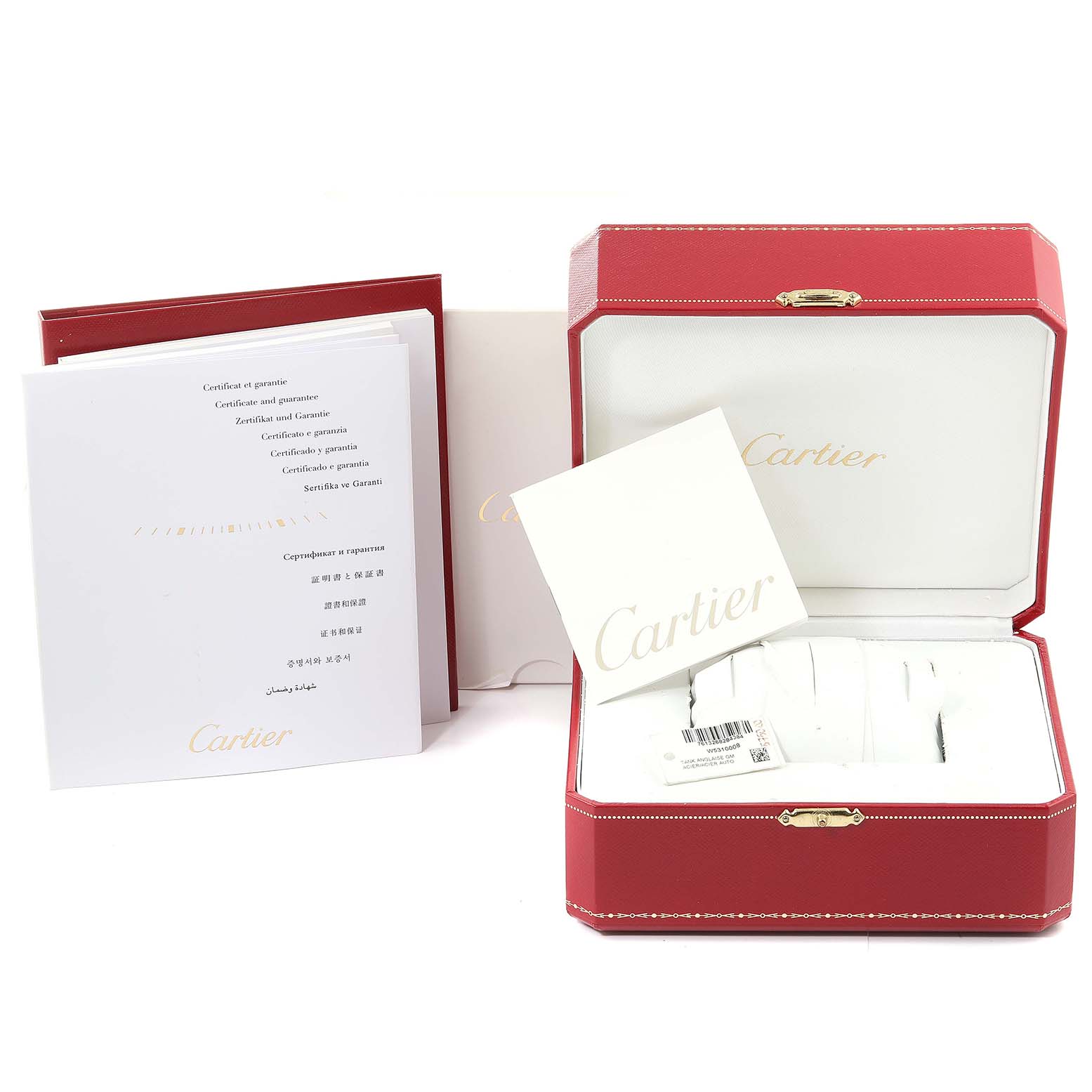 The image shows the Cartier Tank Anglaise W5310008 Men's Stainless Steel Silver Dial W5310008 Men's Stainless Steel Silver Dial watch packaging, including the red box, warranty, and instruction booklets.