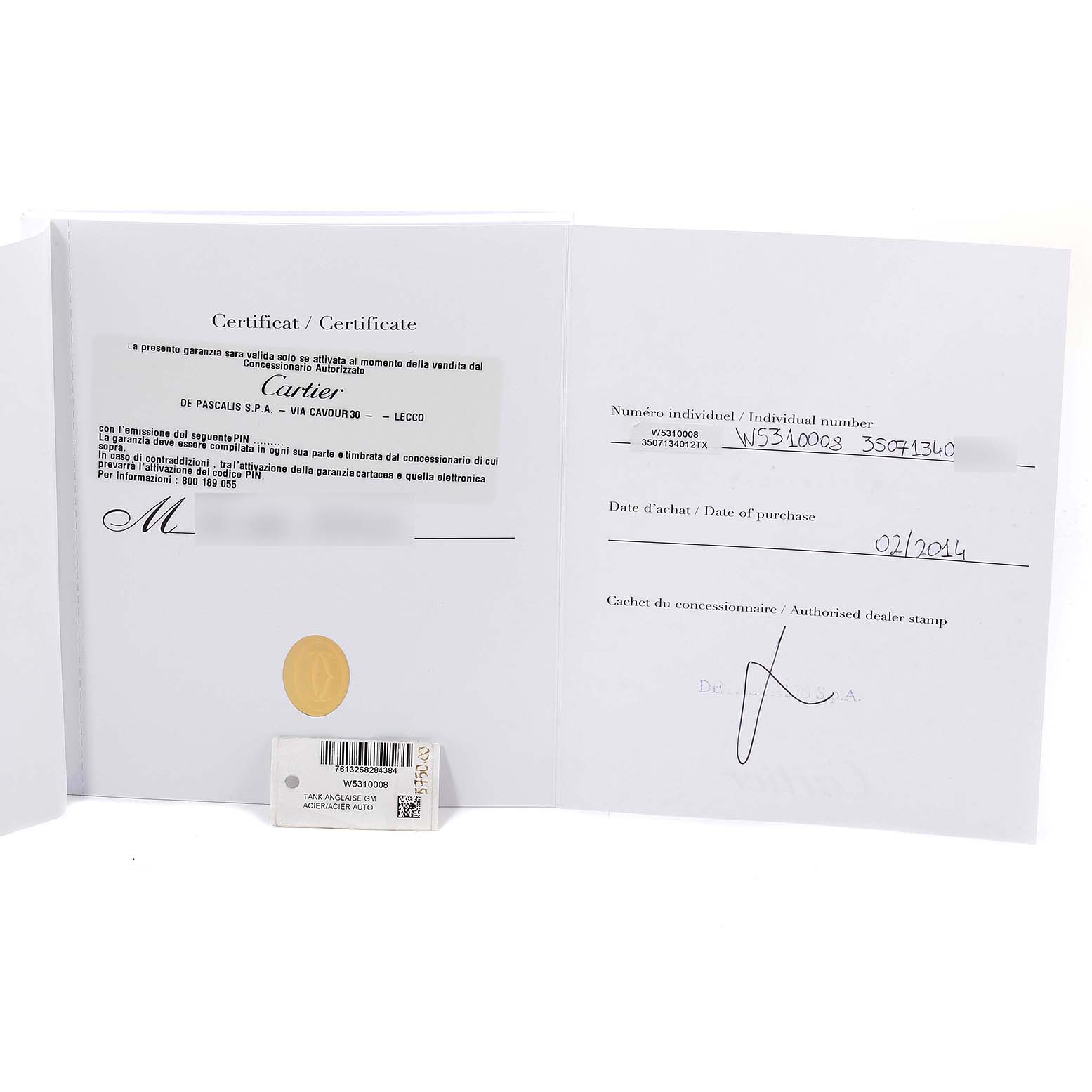 The image displays the certificate and purchase details for a Cartier Tank Anglaise W5310008 Men's Stainless Steel Silver Dial W5310008 Men's Stainless Steel Silver Dial watch.