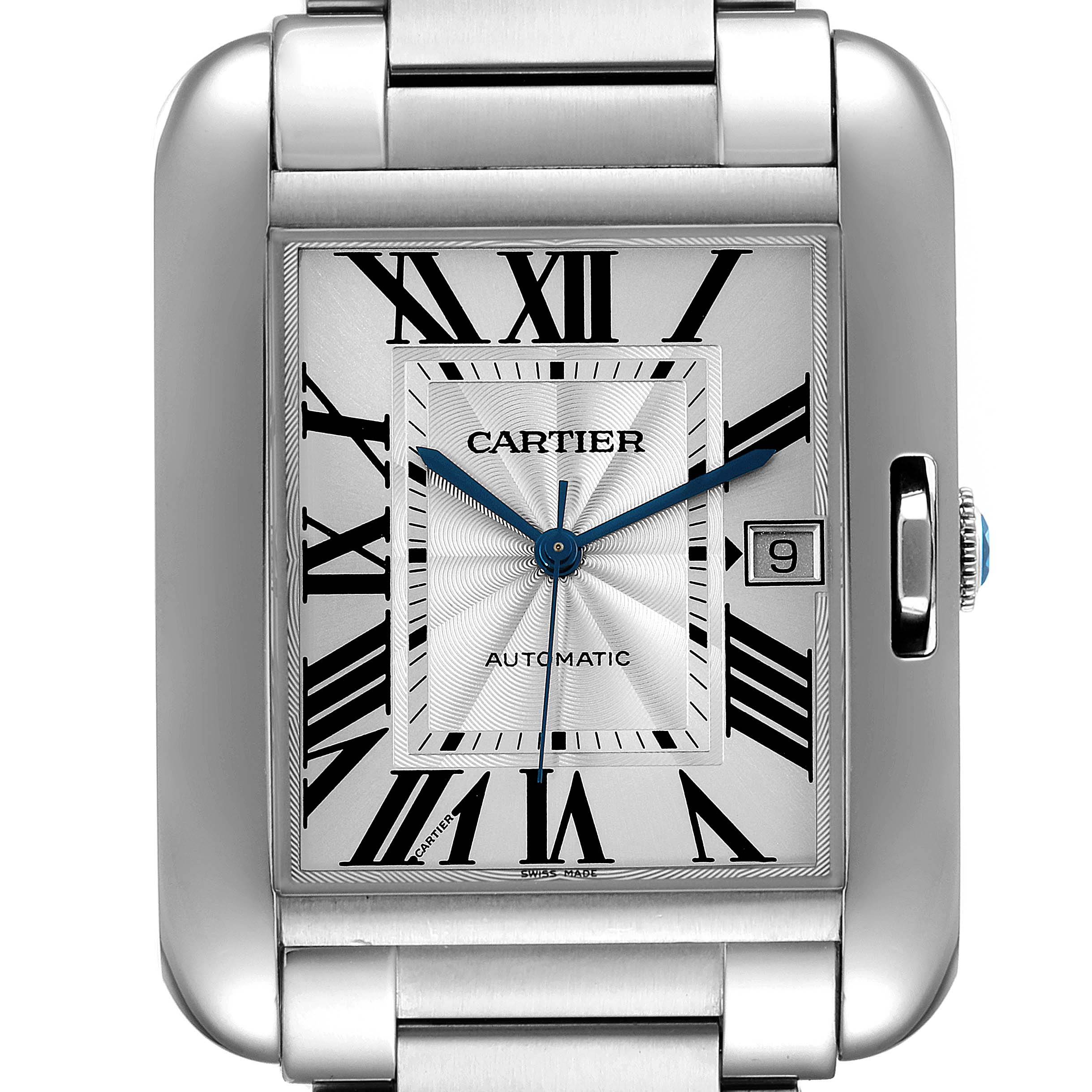 The image shows a close-up front view of the Cartier Tank Anglaise W5310008 Men's Stainless Steel Silver Dial W5310008 Men's Stainless Steel Silver Dial watch, highlighting its rectangular face, Roman numerals, and date display.