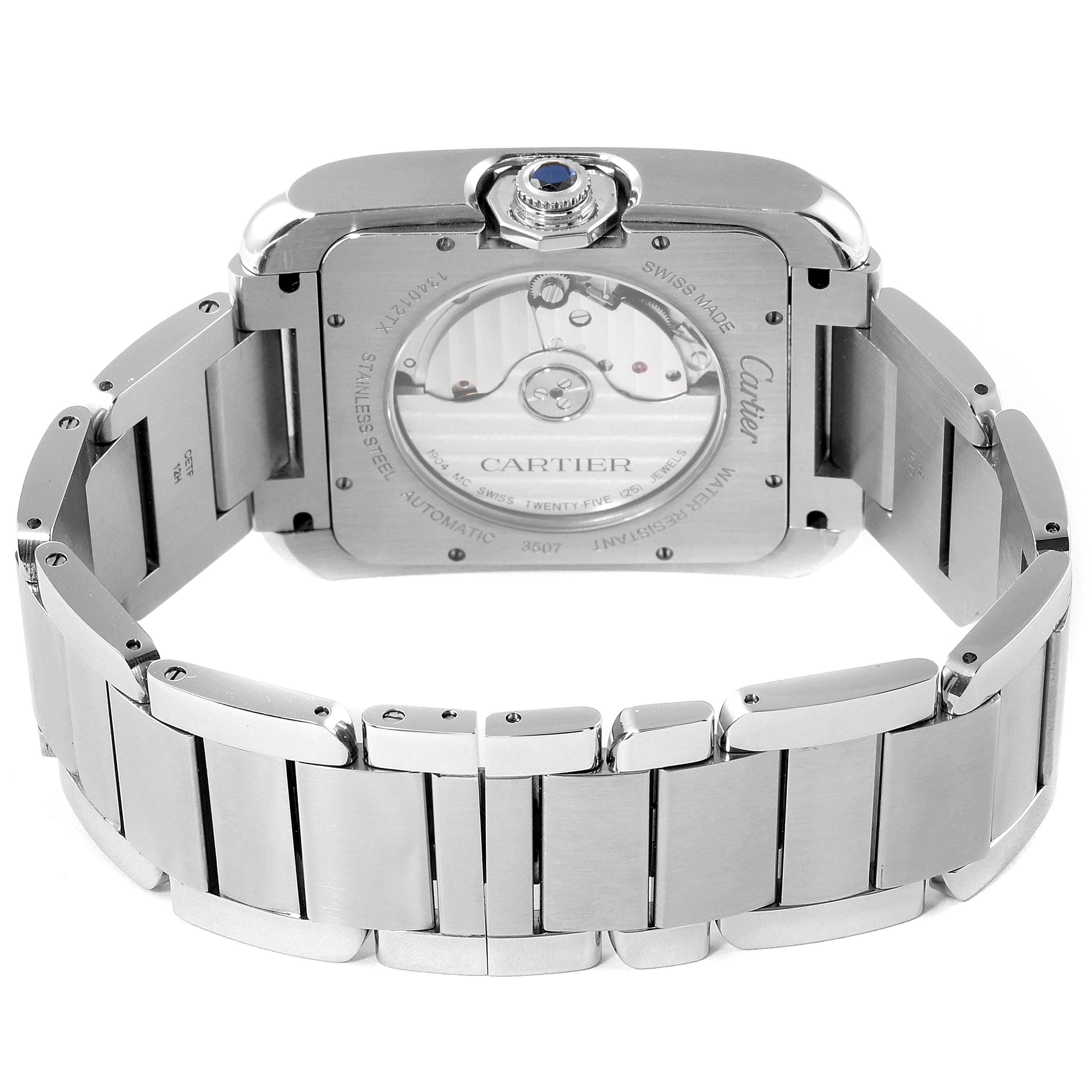 This image shows the back view of the Cartier Tank Anglaise W5310008 Men's Stainless Steel Silver Dial W5310008 Men's Stainless Steel Silver Dial watch, highlighting its clasp and movement.
