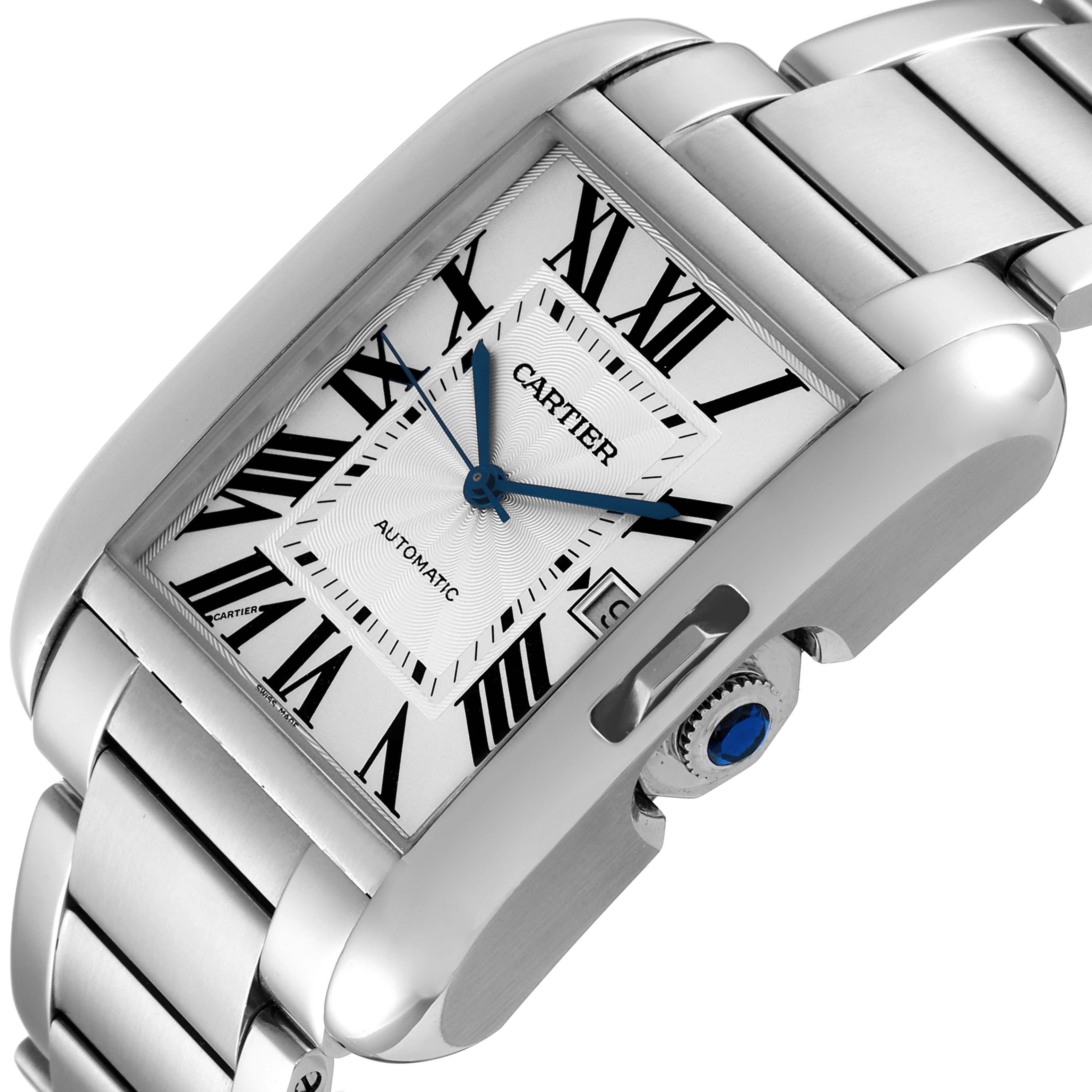 This Cartier Tank Anglaise W5310008 Men's Stainless Steel Silver Dial W5310008 Men's Stainless Steel Silver Dial watch is shown at an angle highlighting its face, crown, and part of the bracelet.