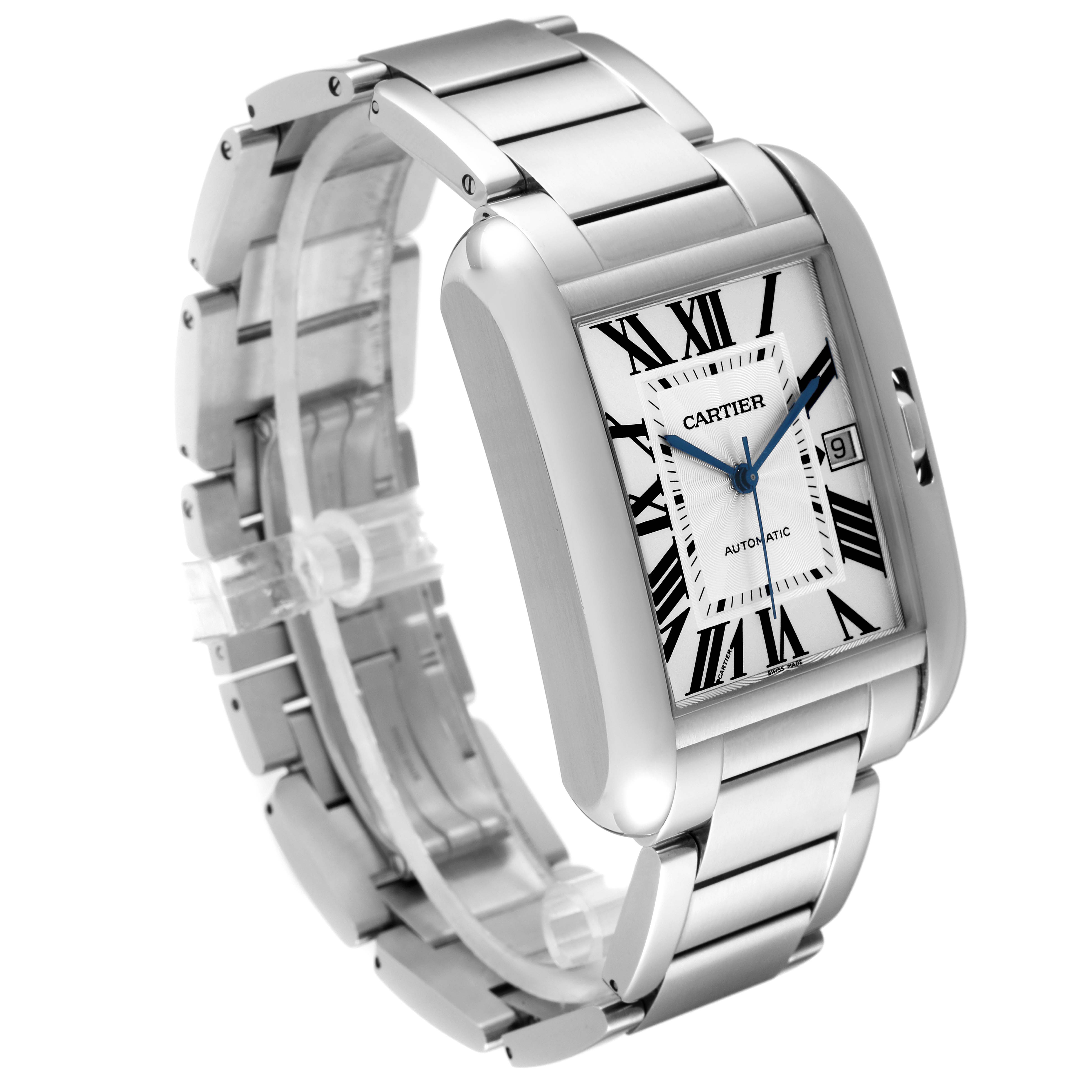 This image shows a Cartier Tank Anglaise W5310008 Men's Stainless Steel Silver Dial W5310008 Men's Stainless Steel Silver Dial watch at a 3/4 angle, highlighting its face, bezel, and bracelet.