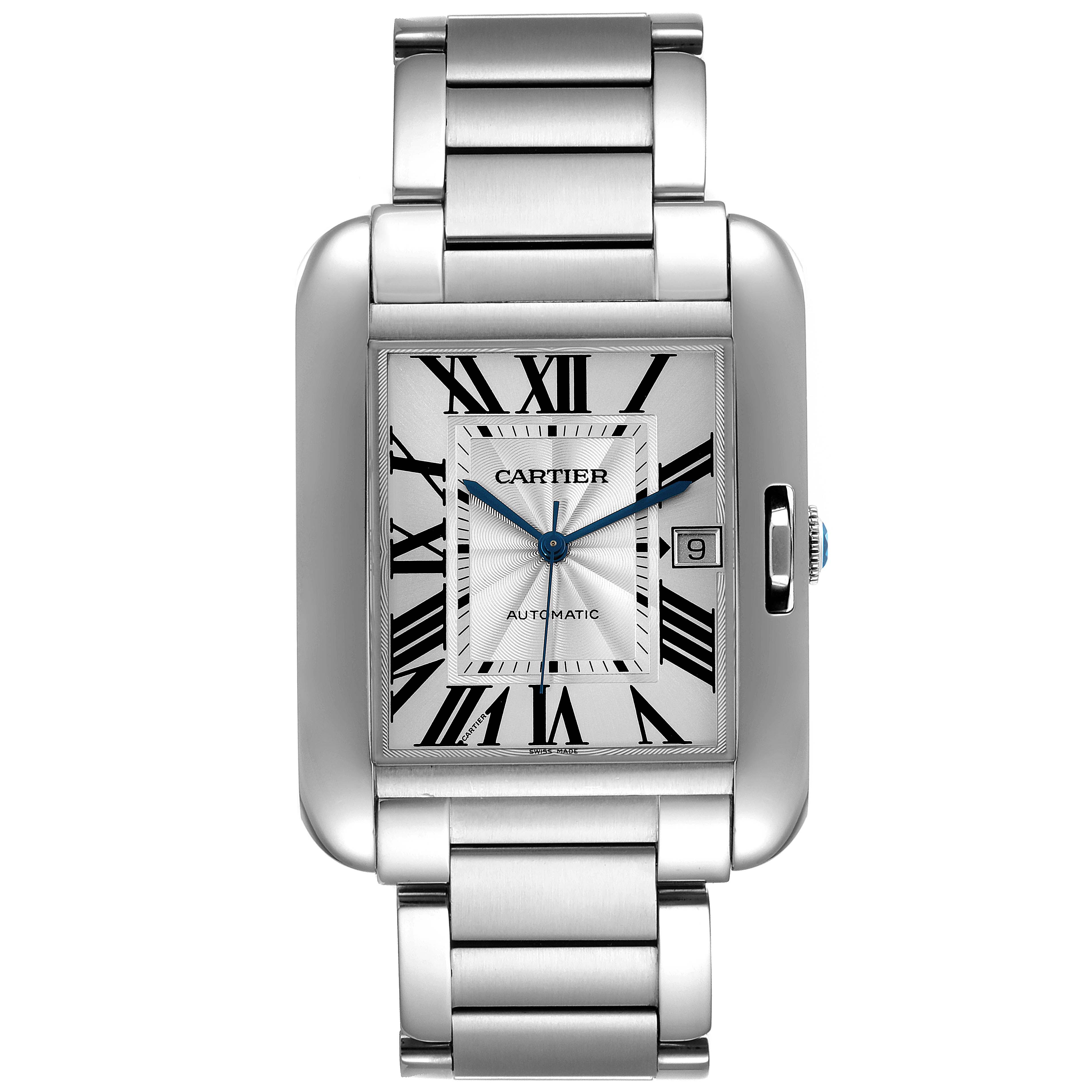 The image shows a frontal view of the Cartier Tank Anglaise W5310008 Men's Stainless Steel Silver Dial W5310008 Men's Stainless Steel Silver Dial watch, displaying its face, bracelet, and case.