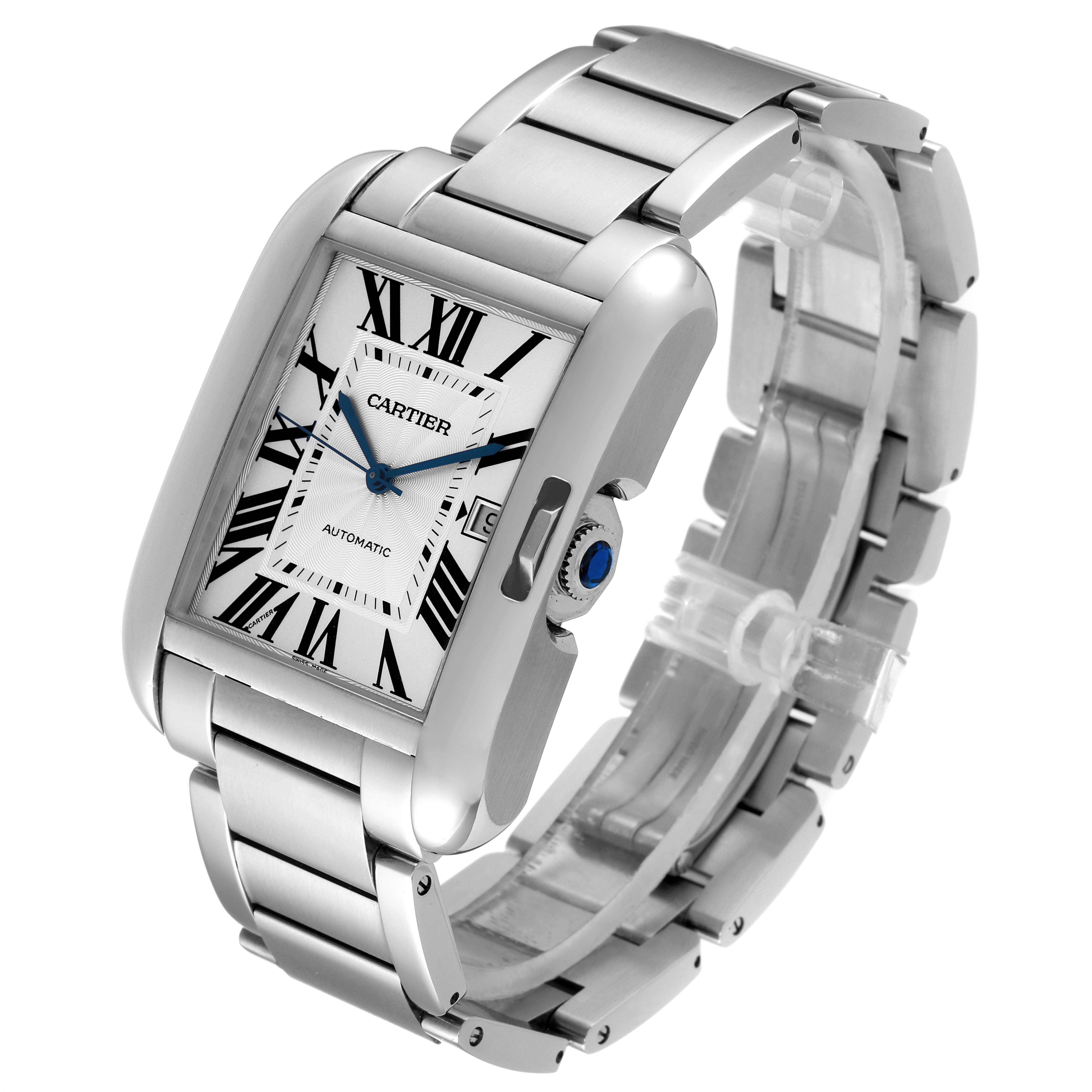 The image shows a side-angle view of a Cartier Tank Anglaise W5310008 Men's Stainless Steel Silver Dial W5310008 Men's Stainless Steel Silver Dial watch, highlighting its face, bracelet, and crown.