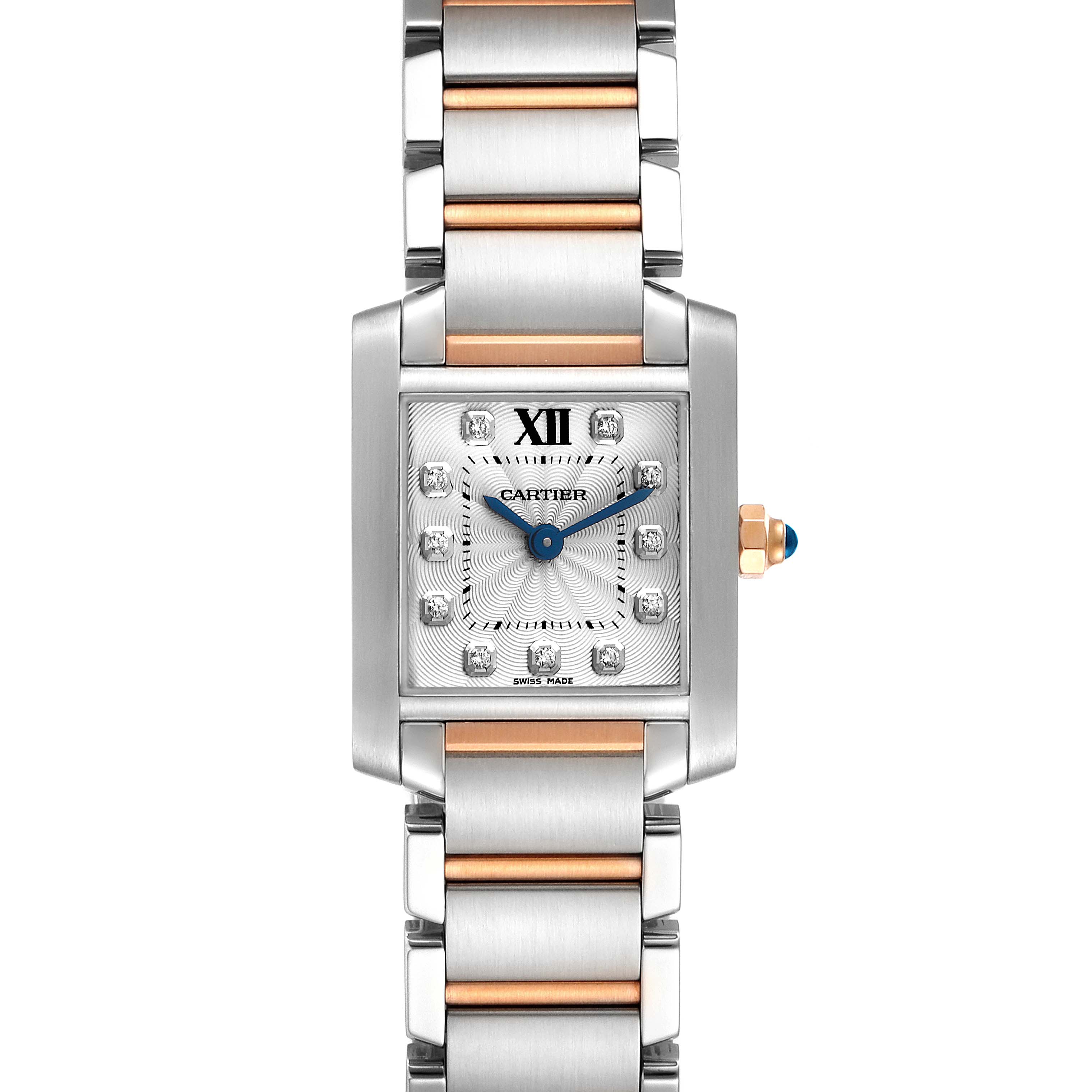 This image shows a Cartier Tank Francaise WE110004 Women's Steel and Gold (two tone) Silver Dial WE110004 Women's Steel and Gold (two tone) Silver Dial watch from a front angle, displaying its face and bracelet.
