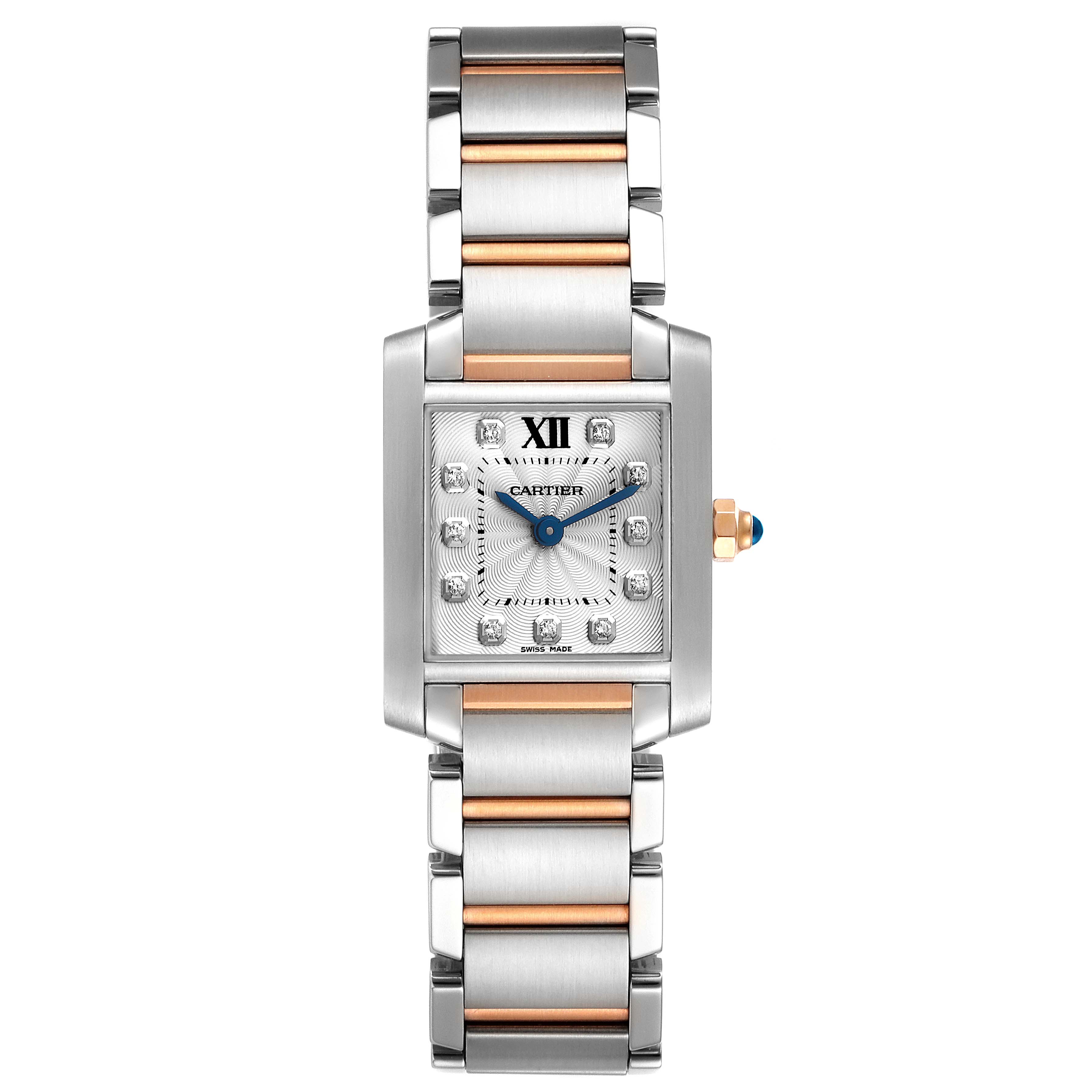 The image shows a Tank Francaise model by Cartier from a top-down angle, highlighting its rectangular face, band, and crown.