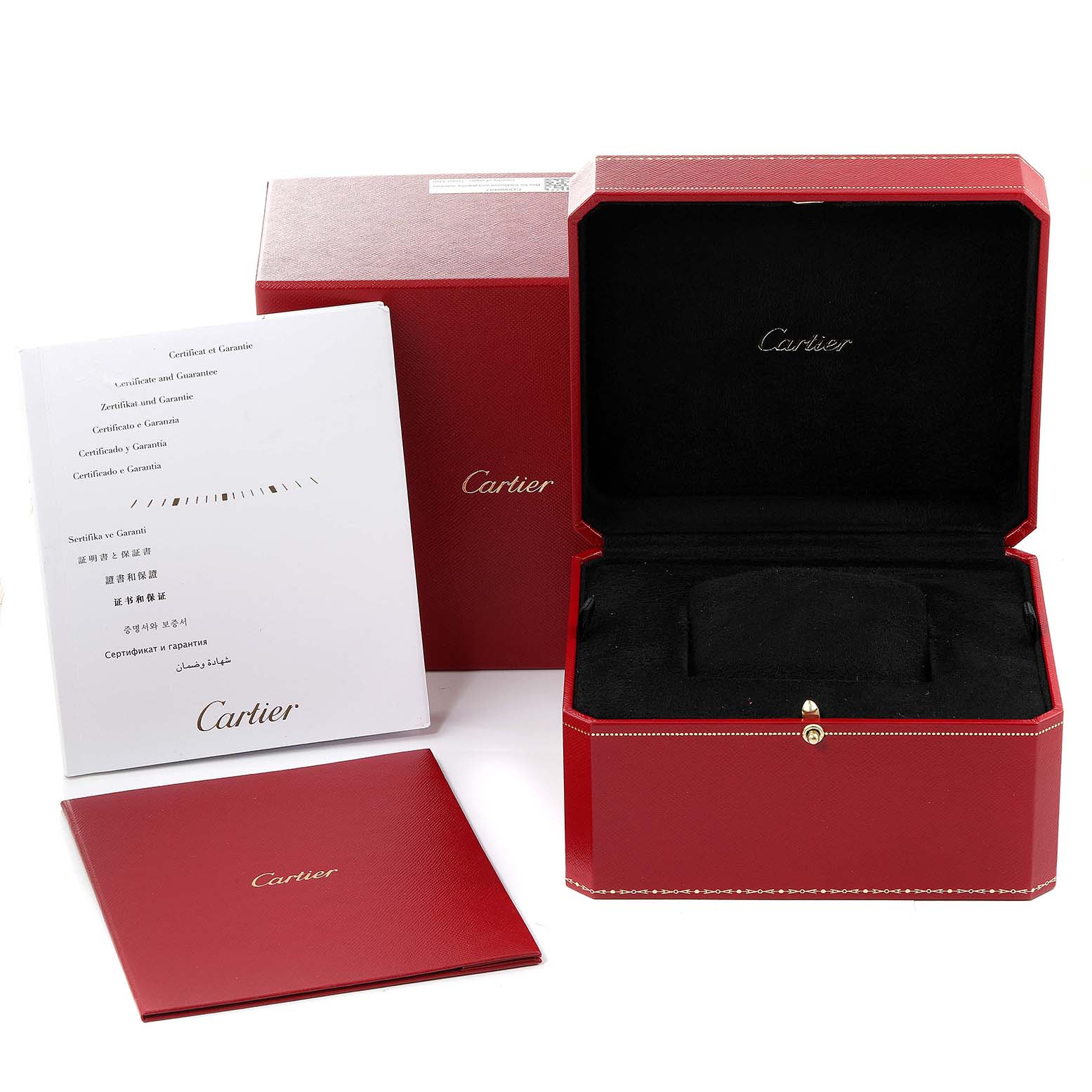 The image shows the original red packaging box, an open display case, and warranty documentation for a Cartier Tank Française watch.