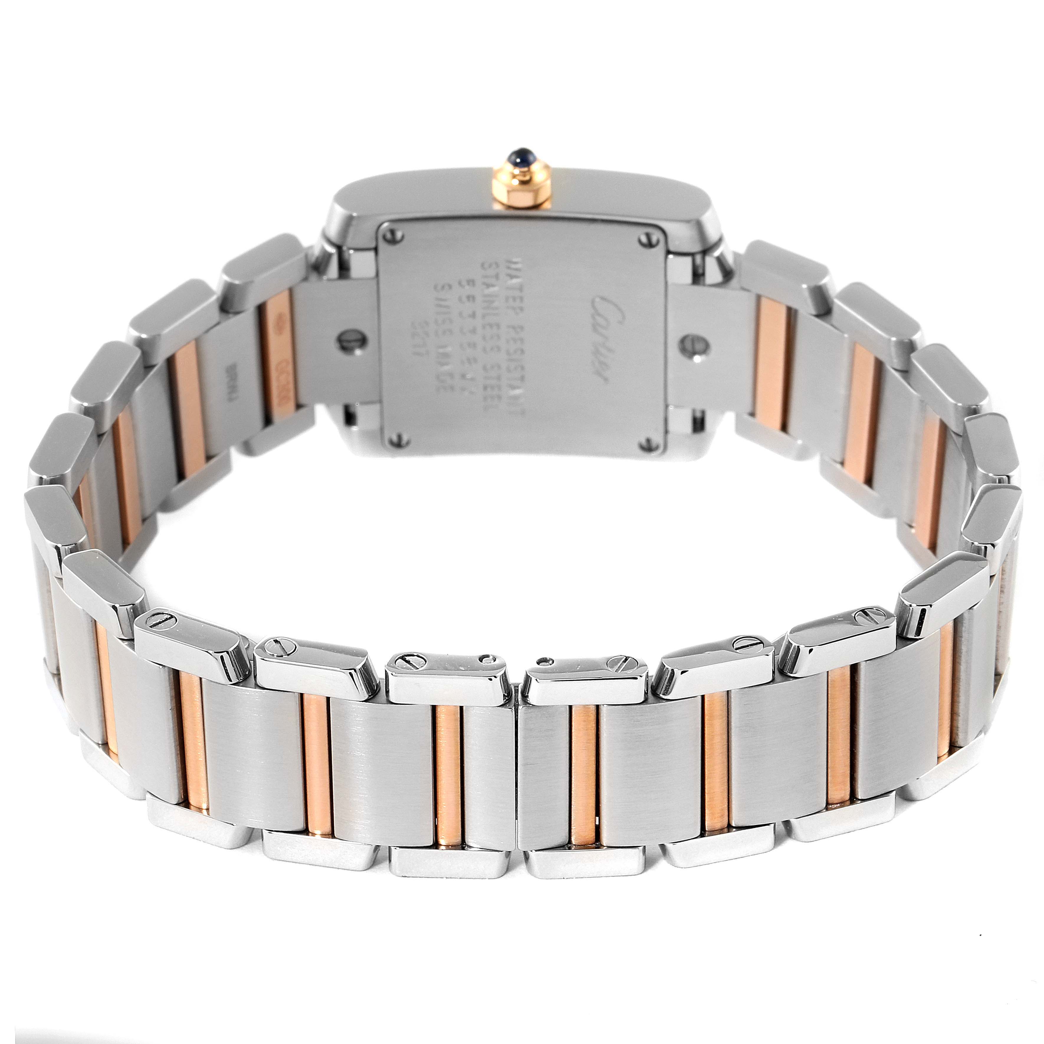 The image shows the back view of the Cartier Tank Francaise WE110004 Women's Steel and Gold (two tone) Silver Dial WE110004 Women's Steel and Gold (two tone) Silver Dial watch, highlighting its metal bracelet.
